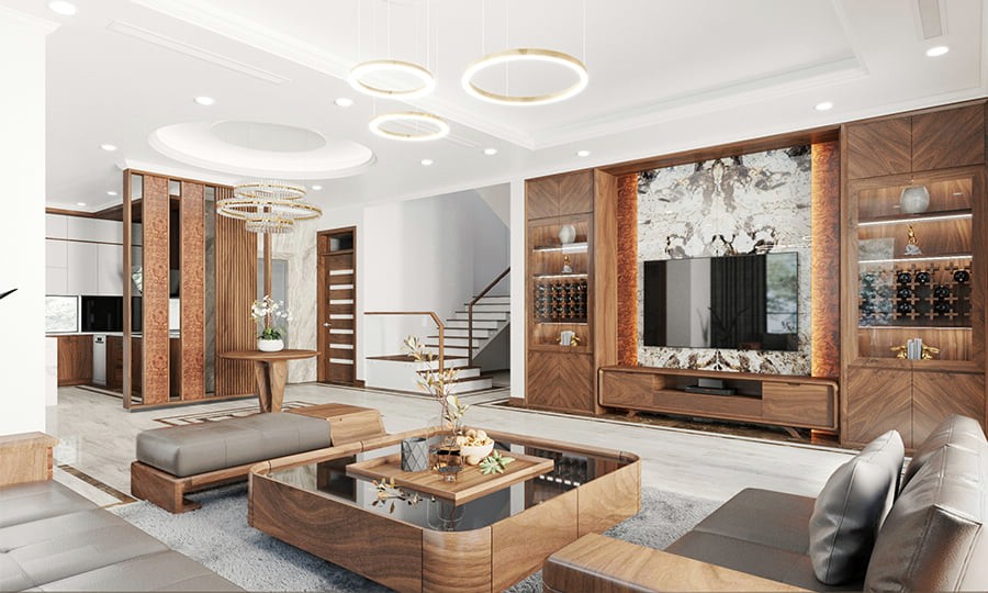 Bộ bàn trà phòng khách đồng bộ về kiểu dáng và màu sắc