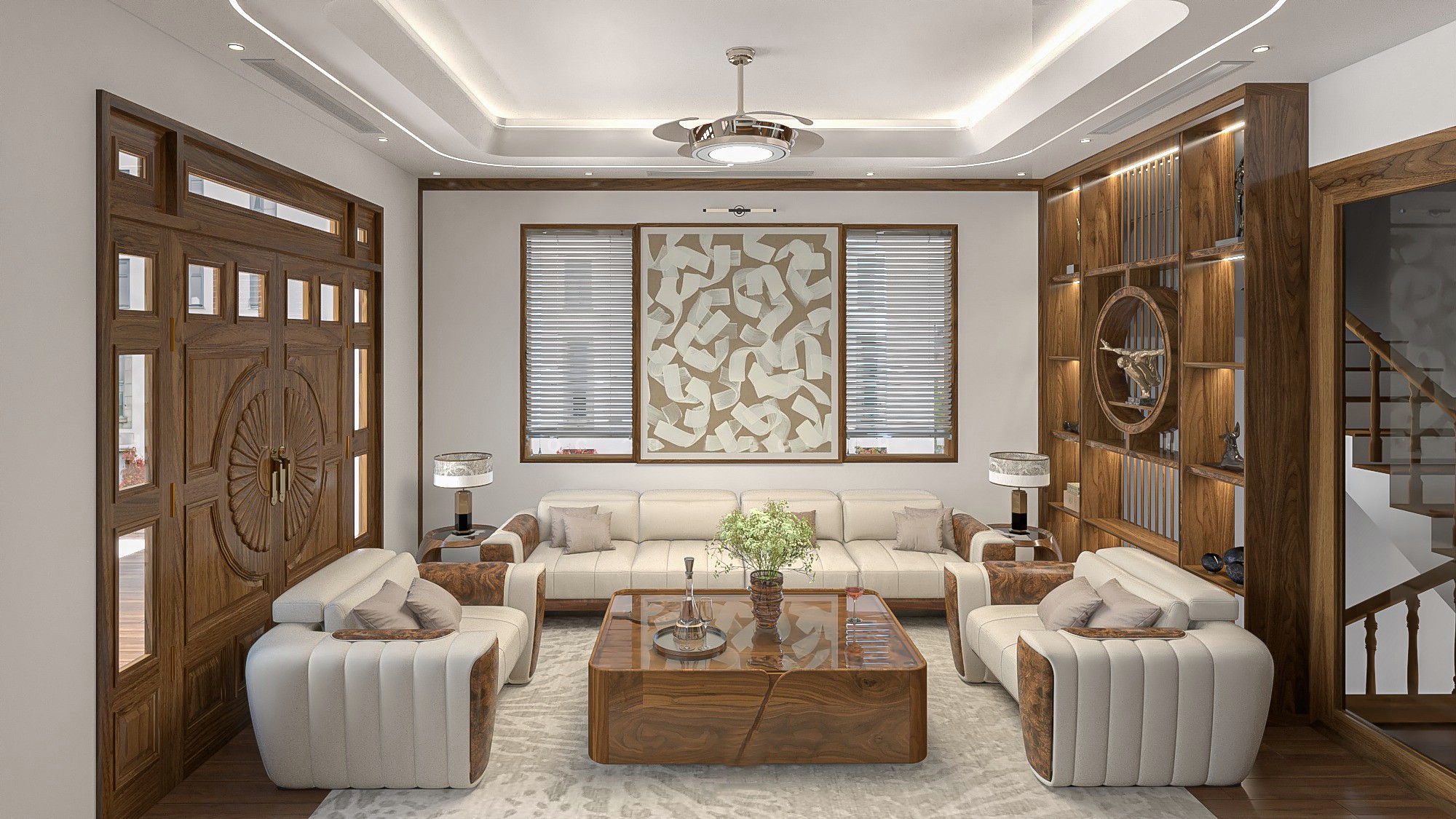 Bộ ghế sofa gỗ óc chó sang trọng với đệm da trắng sữa