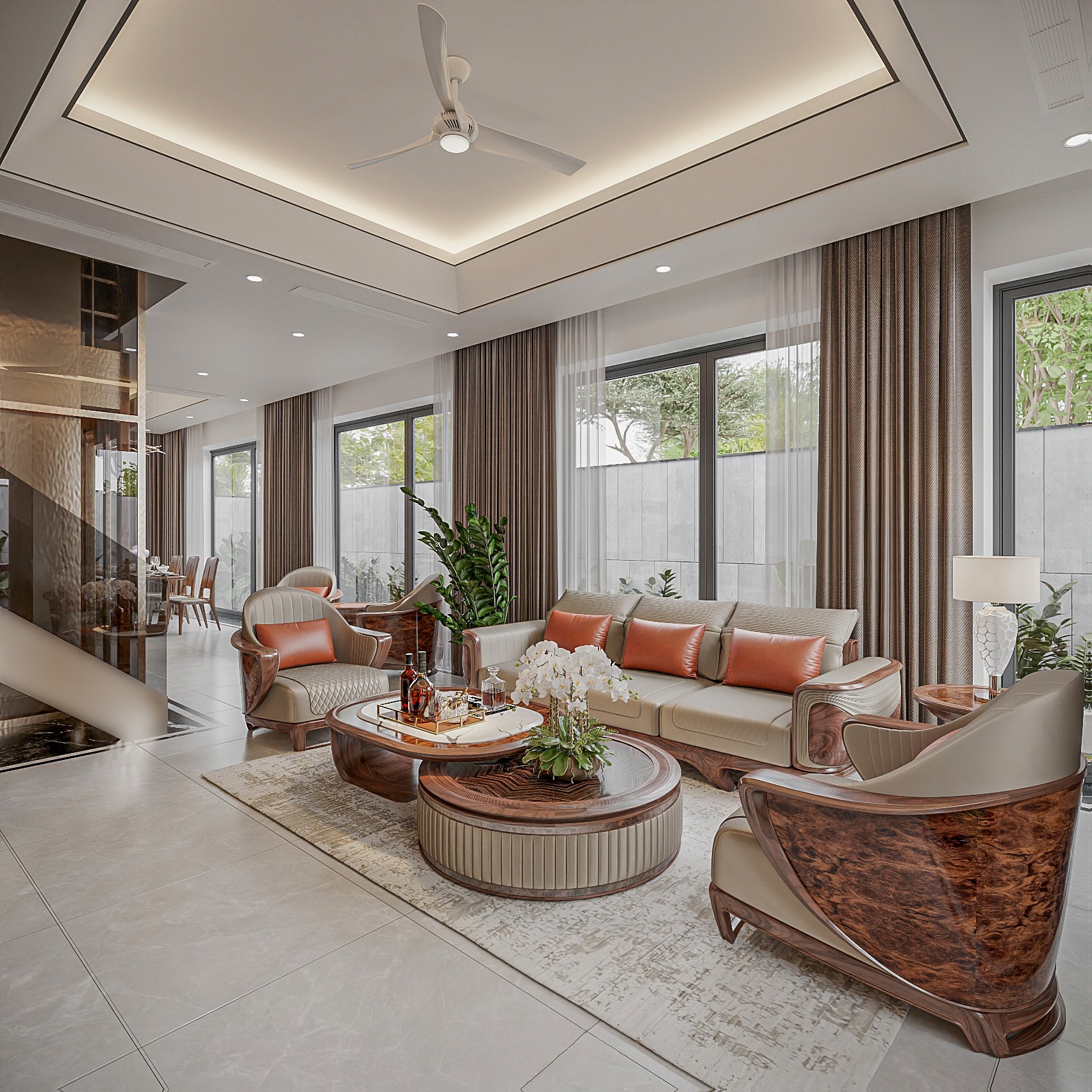 Bộ ghế sofa gỗ tự nhiên với sofa văng, ghế đơn veneer nu và bàn trà 2 tầng Bộ ghế sofa gỗ tự nhiên với sofa văng, ghế đơn veneer nu và bàn trà 2 tầng