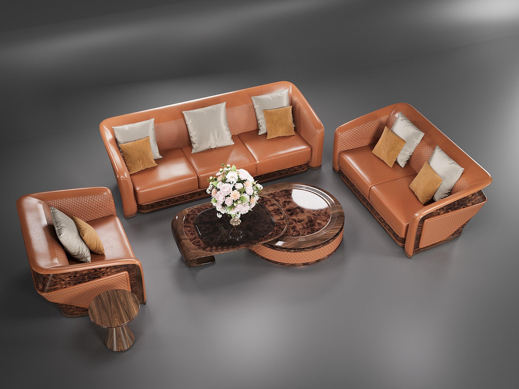 Bộ sofa gỗ phòng khách đẹp hiện đại bọc da cam đất và bàn trà veneer nu Bộ sofa gỗ phòng khách đẹp hiện đại bọc da cam đất và bàn trà veneer nu