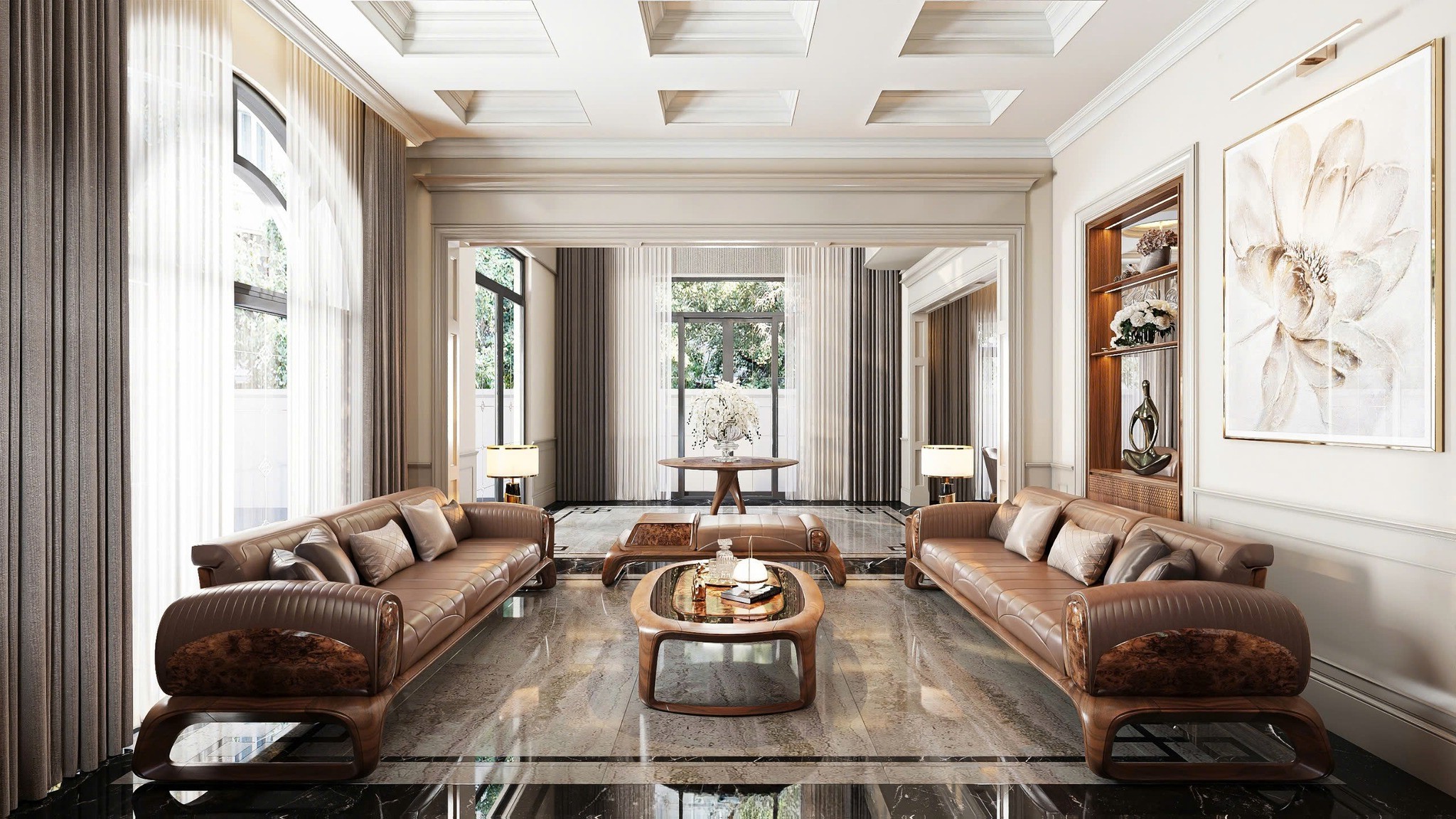 Bộ sofa gỗ hiện đại với hai sofa đối diện và bàn trà gỗ kính sang trọng