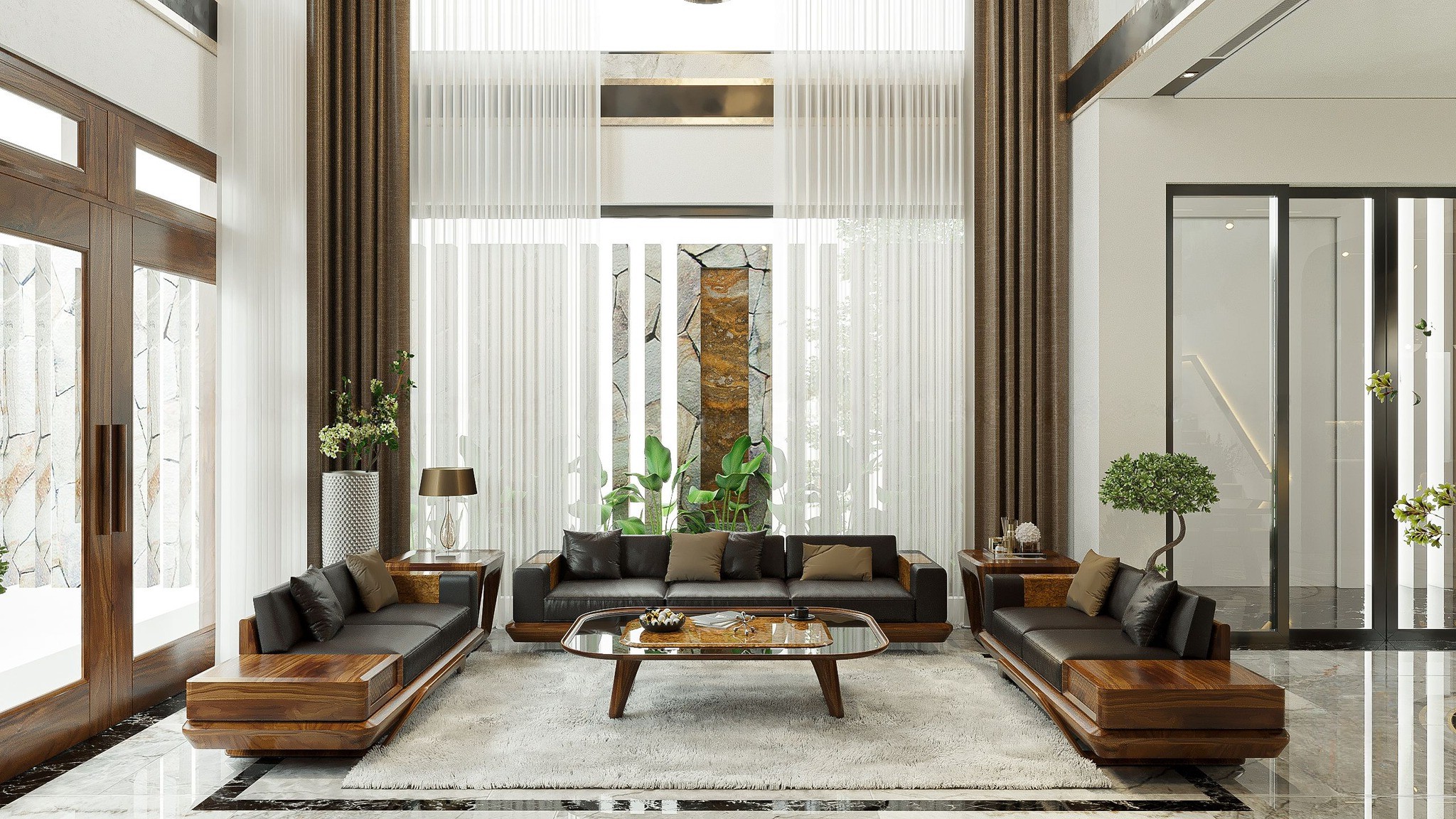 Bộ sofa gỗ phòng khách hiện đại với đệm da PU đen và tay vịn ốp veneer nu tinh tế Bộ sofa gỗ phòng khách sang trọng với sofa văng và bàn trà veneer nu kết hợp kính