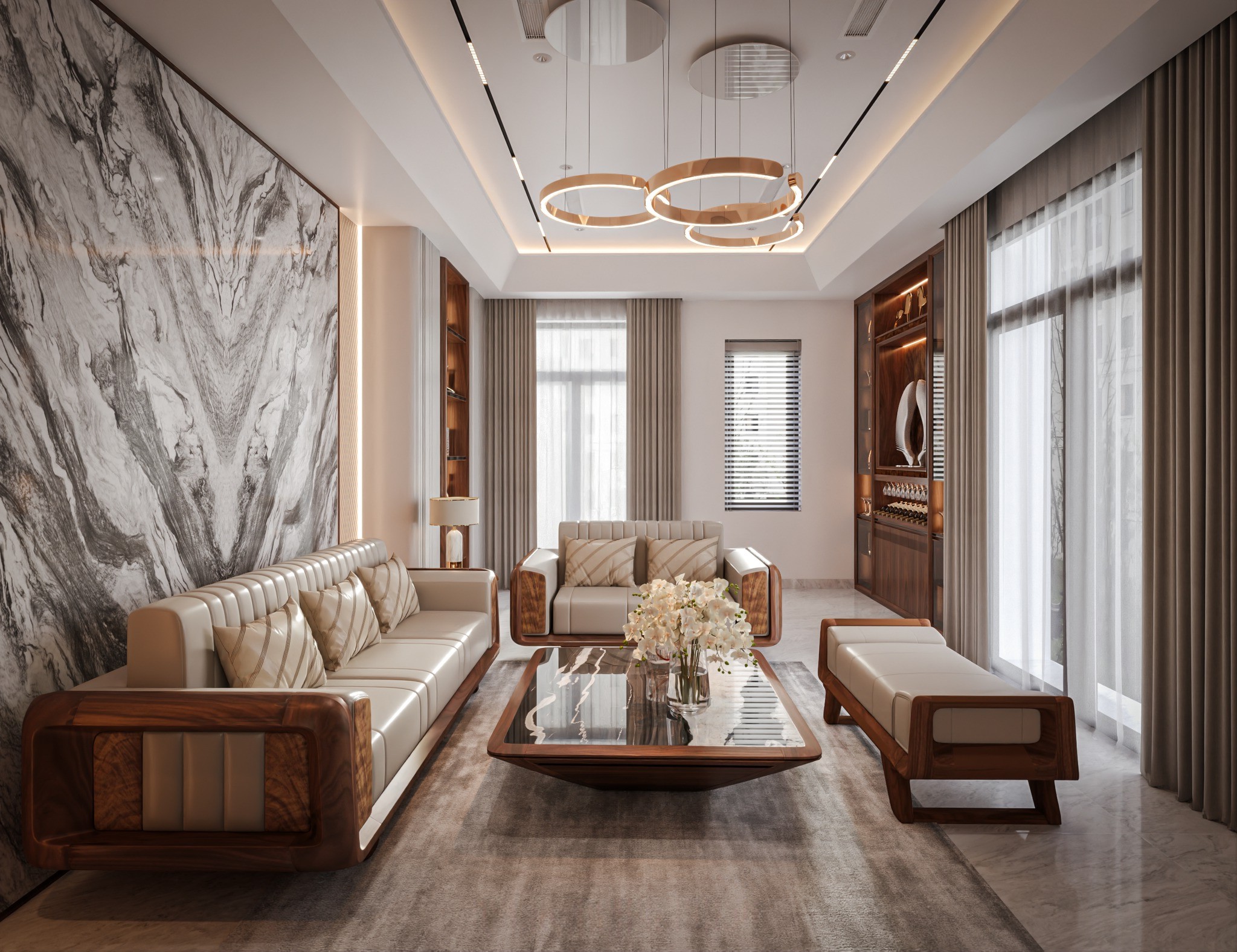 Bộ sofa gỗ phòng khách cao cấp với bàn trà mặt đá đen vân trắng Bộ sofa gỗ phòng khách cao cấp với bàn trà mặt đá đen vân trắng