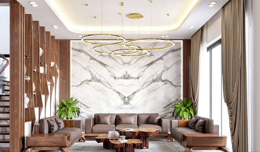 Bộ sofa gỗ óc chó chữ U kết hợp bàn trà nguyên khối tạo điểm nhấn sang trọng