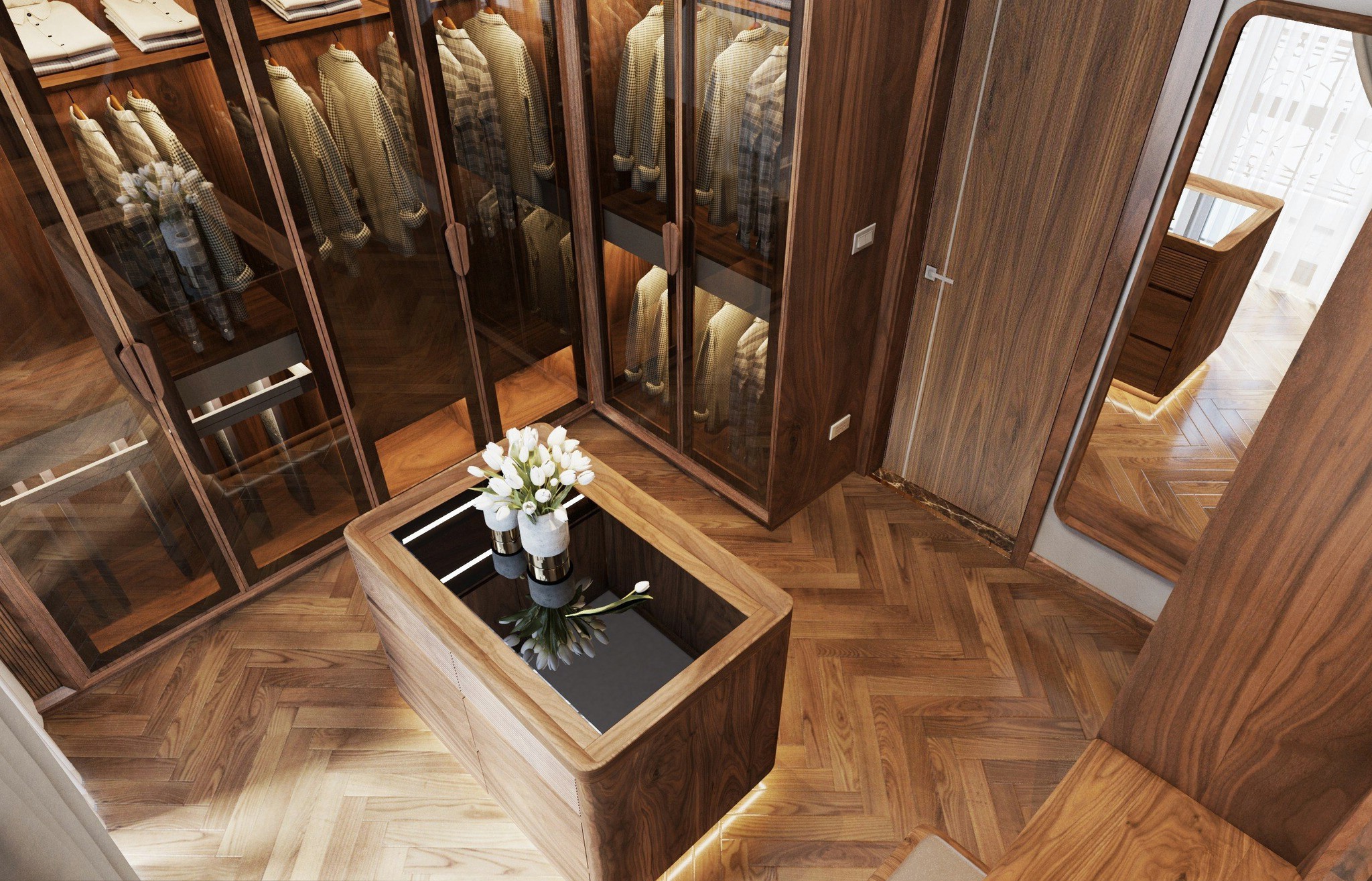 Tủ quần áo chữ L cao kịch trần cánh kính MDF laminate nâu đậm