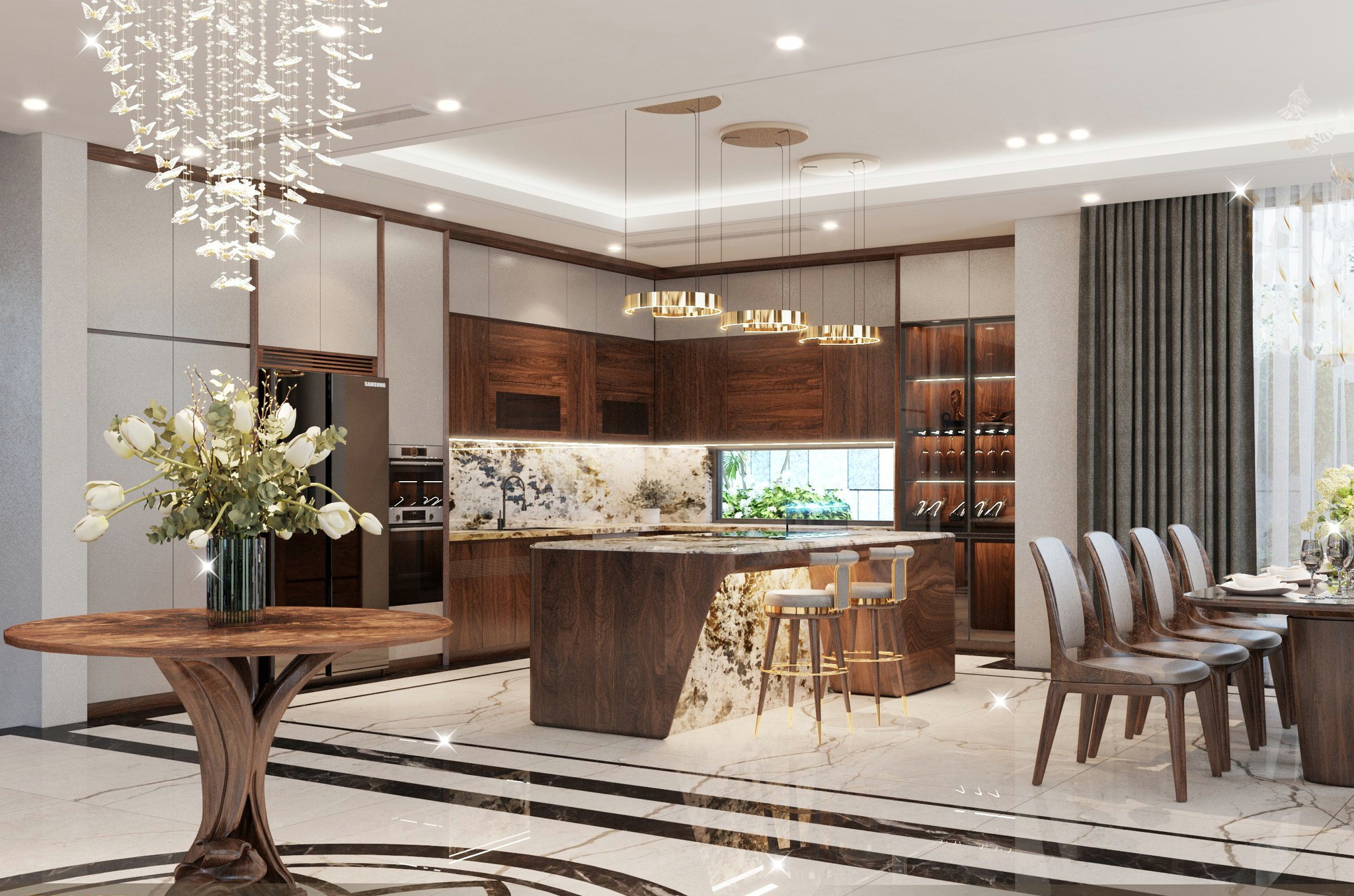 Bộ tủ bếp cao cấp chữ L gỗ óc chó kết hợp MDF và acrylic trắng, mặt đá vân loang đen Bộ tủ bếp cao cấp chữ L gỗ óc chó kết hợp MDF và acrylic trắng, mặt đá vân loang đen