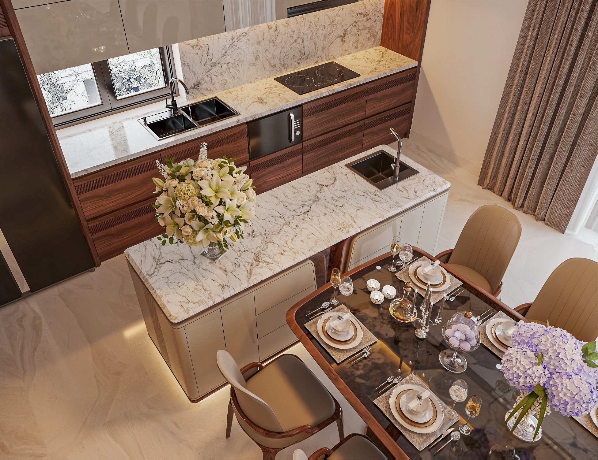 Bộ tủ bếp đẹp chữ I cao kịch trần, gỗ xoan đào tự nhiên và mặt cánh acrylic be ghi Bộ tủ bếp đẹp chữ I cao kịch trần, gỗ xoan đào tự nhiên và mặt cánh acrylic be ghi