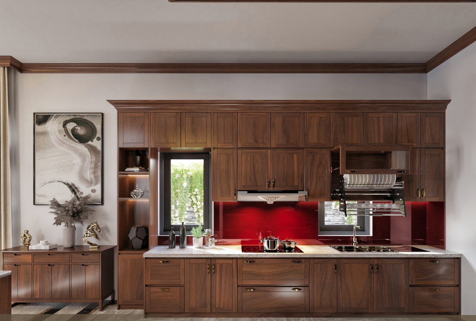 Bộ tủ bếp gỗ xoan đào hiện đại với bàn đá granite trắng loang xám Bộ tủ bếp gỗ xoan đào hiện đại với bàn đá granite trắng loang xám