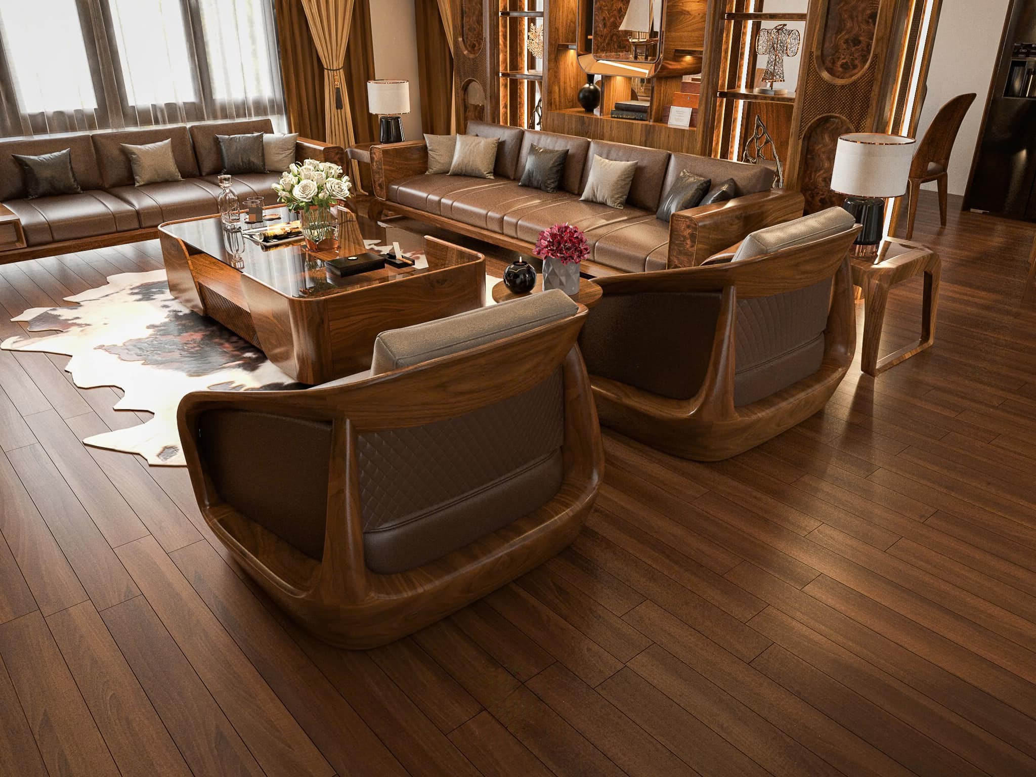 Các mẫu sofa gỗ hiện đại màu nâu vàng với đệm da nâu chocolate sang trọng Các mẫu sofa gỗ hiện đại màu nâu vàng với đệm da nâu chocolate sang trọng