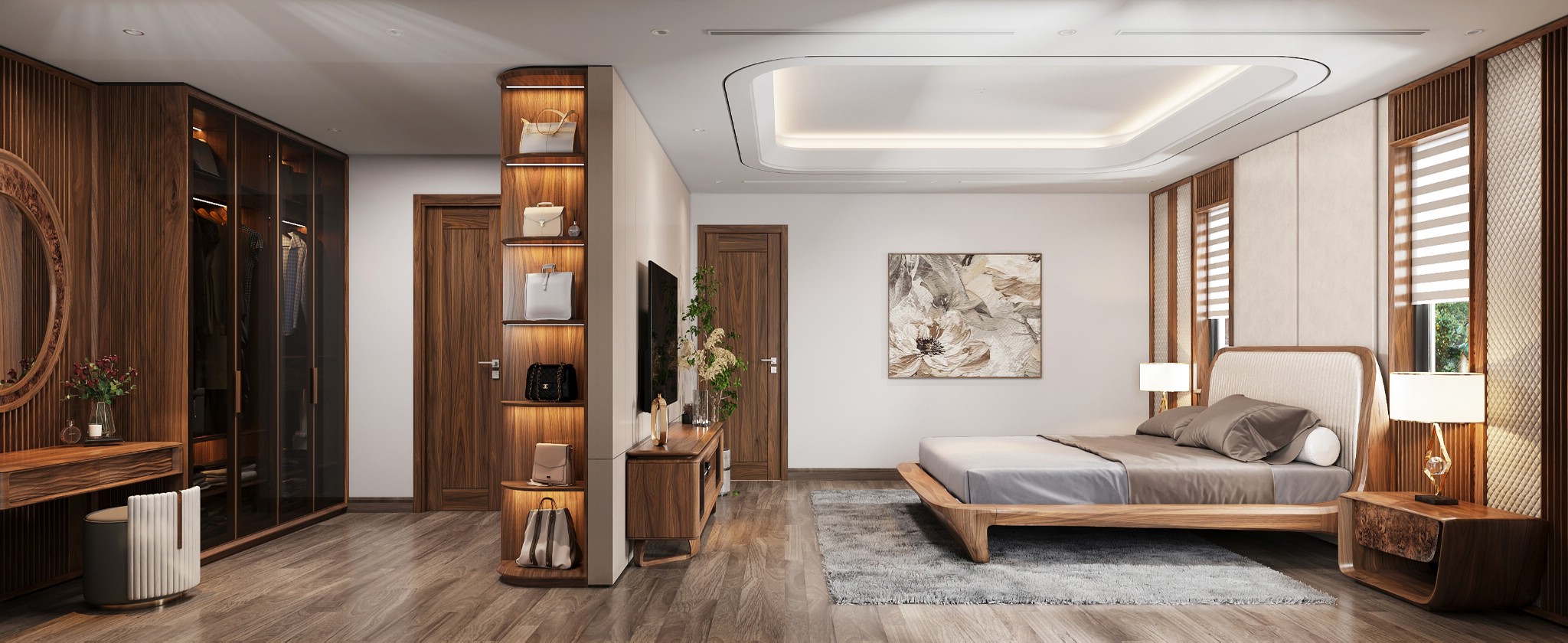 Decor phòng ngủ với tủ quần áo gỗ Óc Chó cánh kính xanh đen và giường bọc da trắng