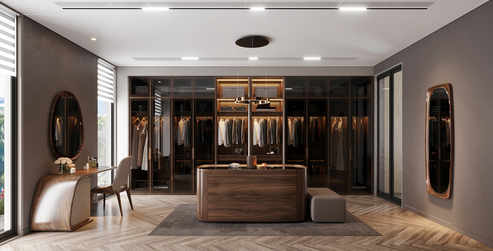 Decor phòng thay đồ hiện đại với tủ chữ I kịch trần và tủ phụ kiện trung tâm