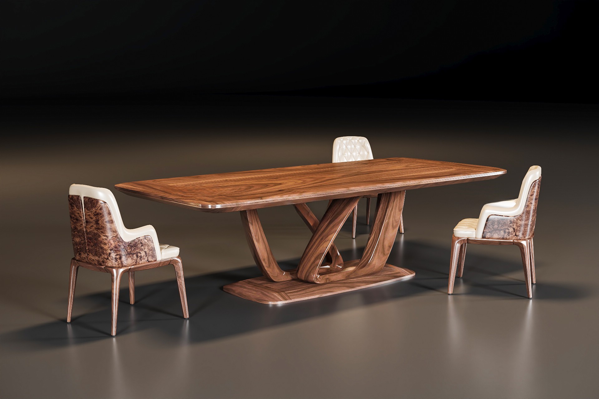 Ghế ăn gỗ óc chó hiện đại, tựa bọc da kem may quả trám, veneer nu sang trọng