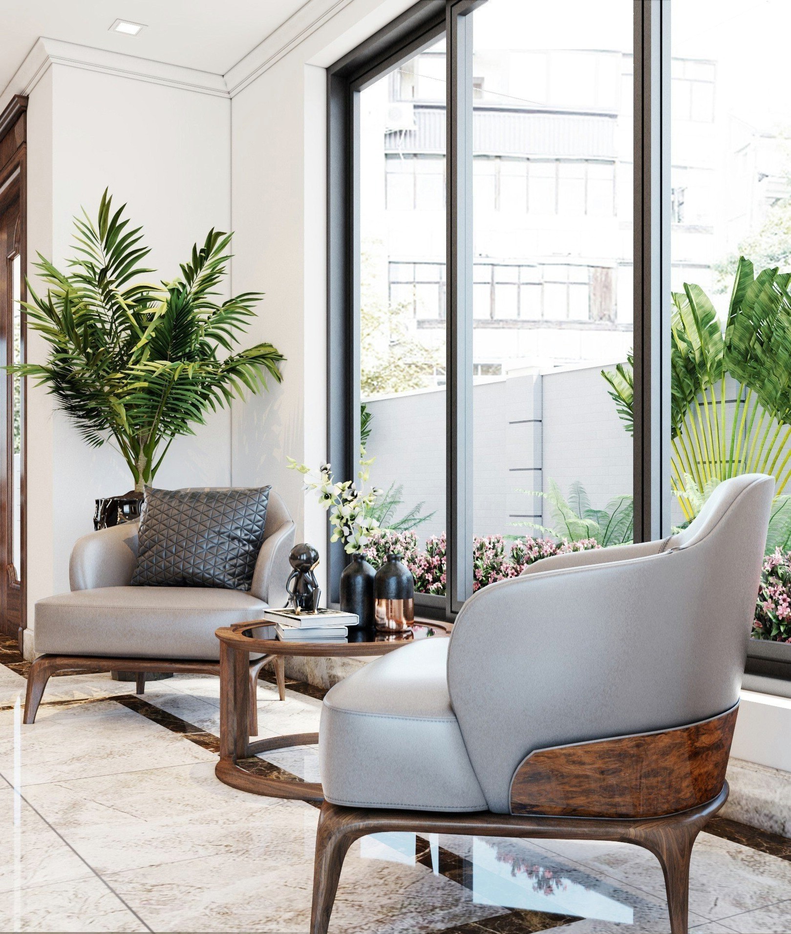 Ghế sofa gỗ đơn giản từ gỗ óc chó màu nâu gụ với tựa lưng vòm cung bọc da ghi đá Ghế sofa gỗ đơn giản từ gỗ óc chó màu nâu gụ với tựa lưng vòm cung bọc da ghi đá