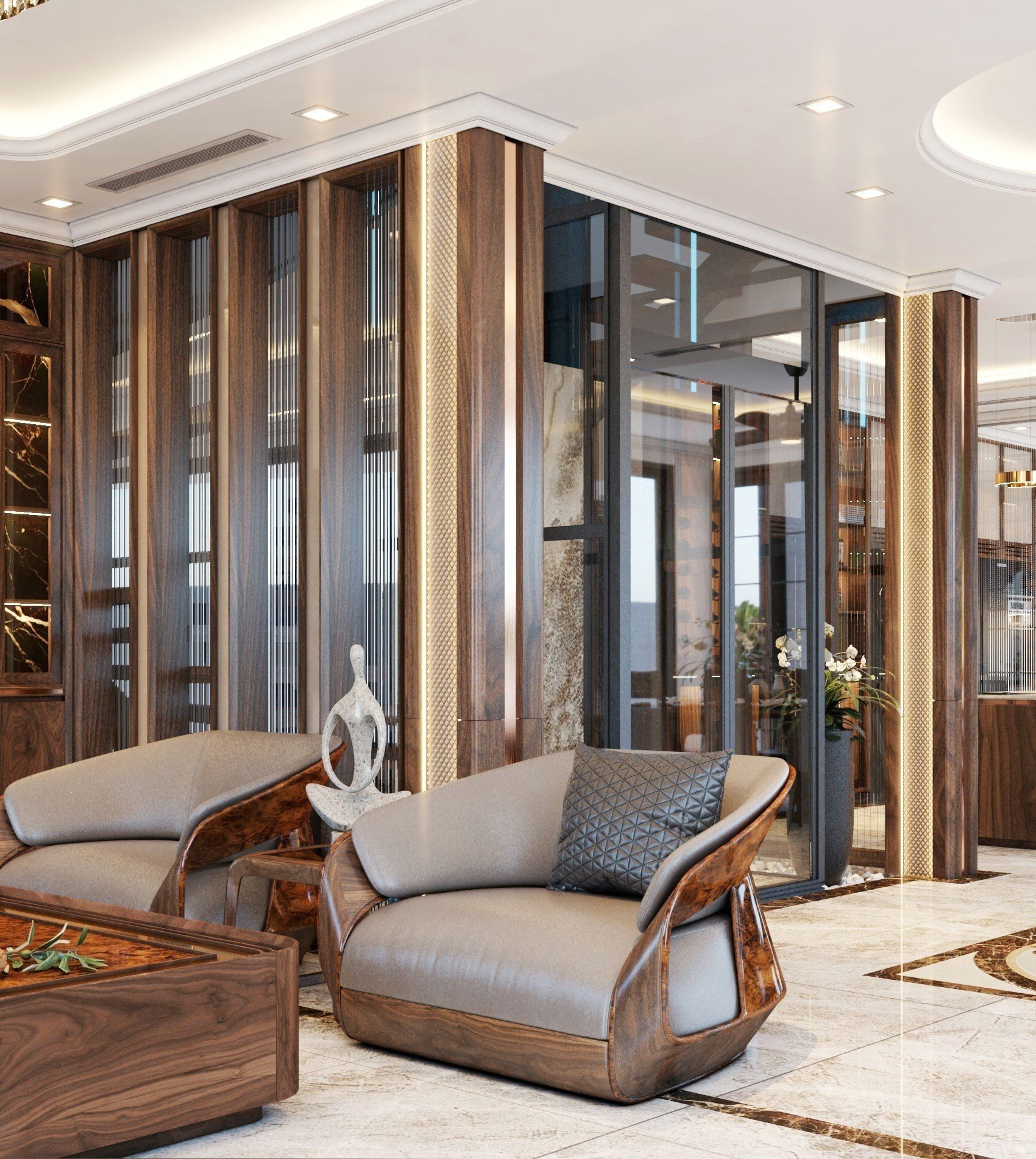 Ghế sofa gỗ hiện đại bằng gỗ óc chó với thiết kế liền khối và bọc da ghi sang trọng