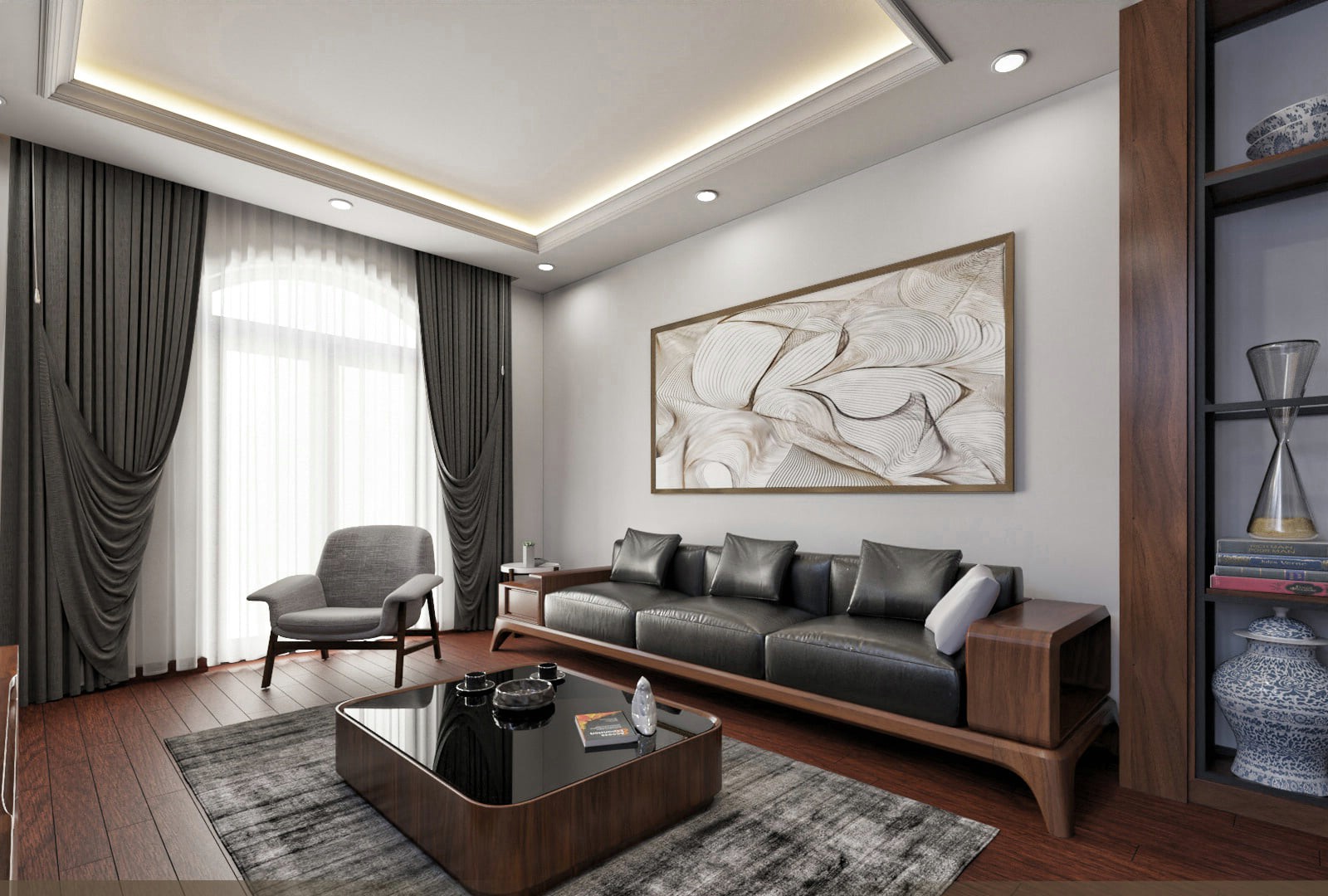 Ghế sofa gỗ óc chó chữ I 3 chỗ phối da đen bóng và ghế đơn màu sáng