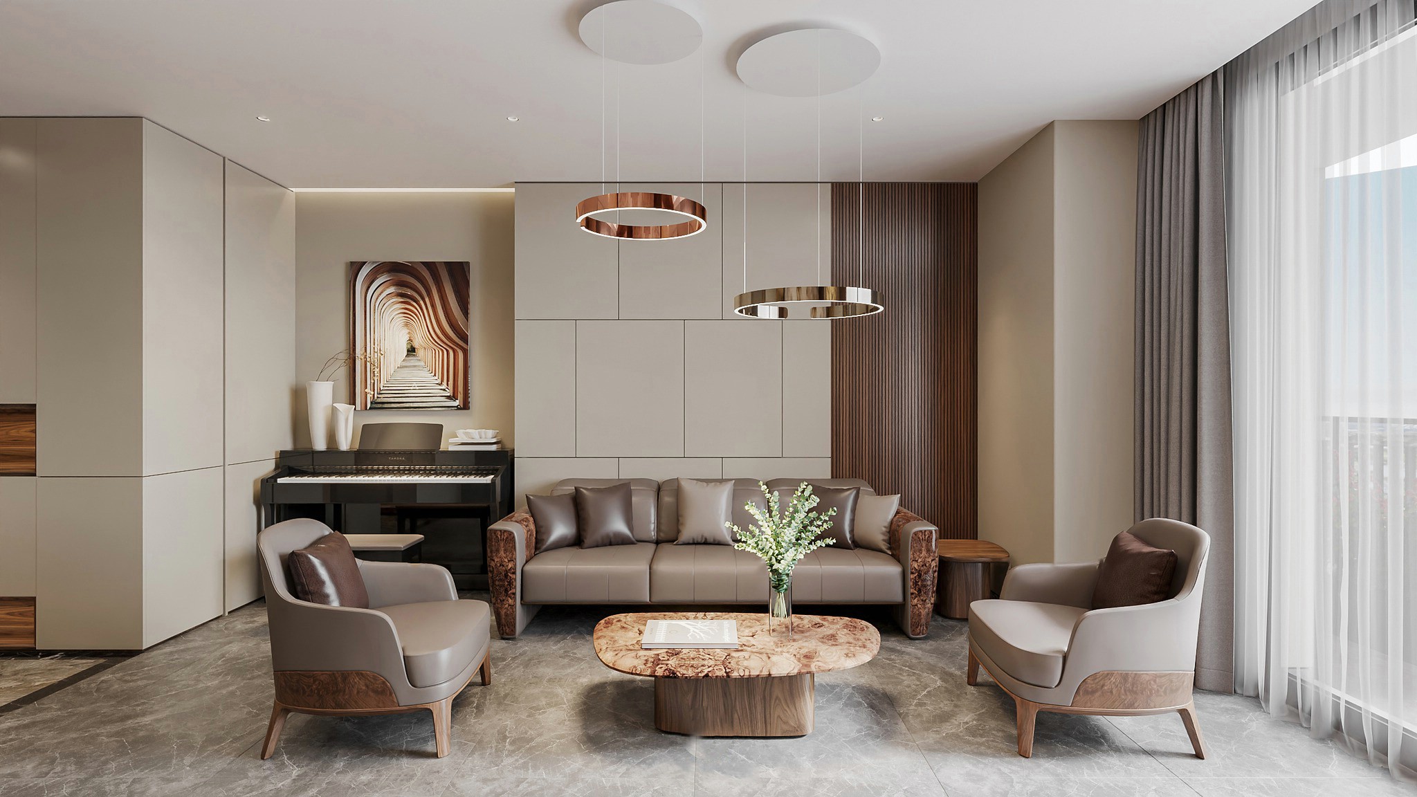 Bộ bàn ghế sofa gỗ óc chó kết hợp da Nappa và Nu óc chó, sắp xếp hình chữ U