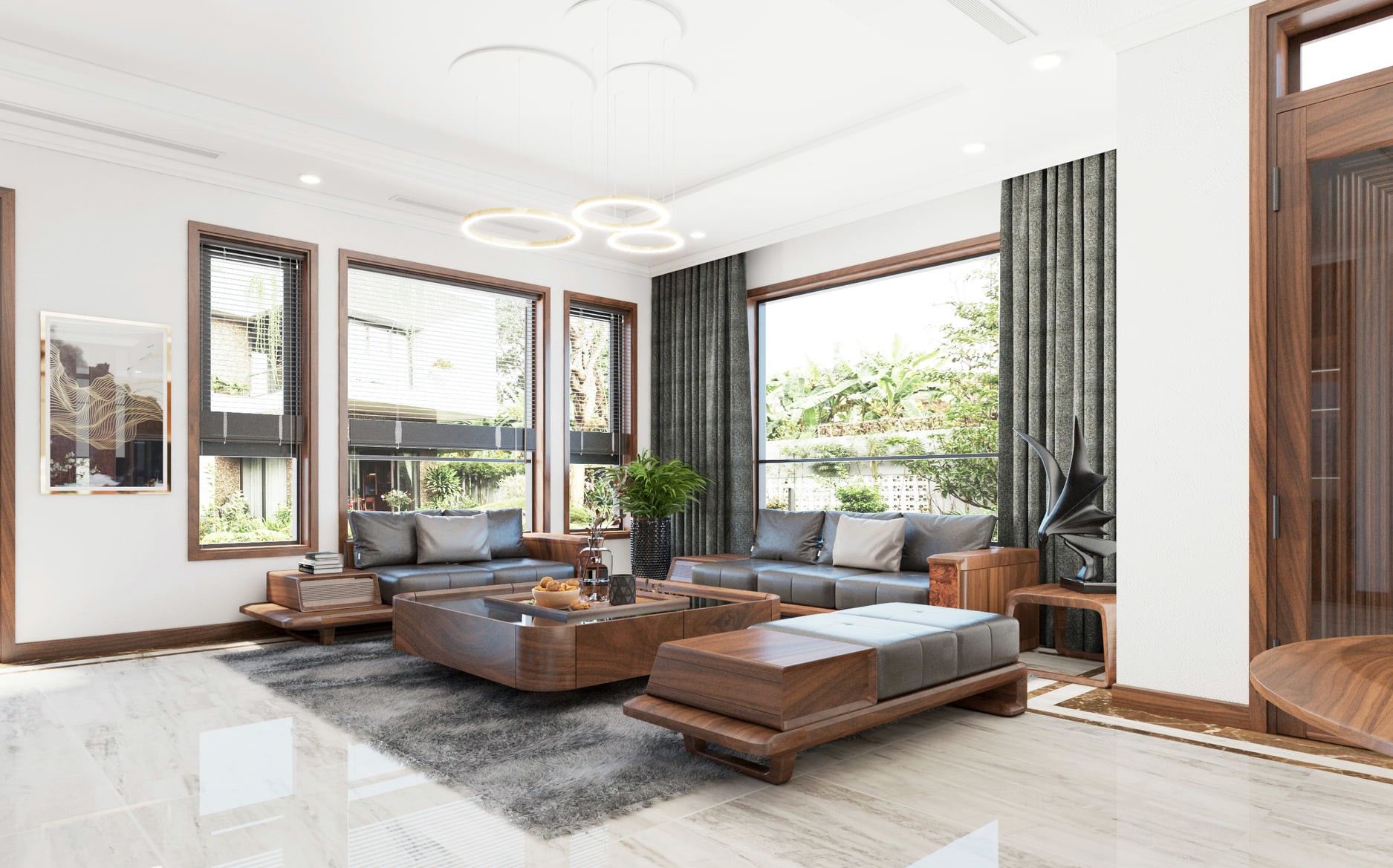 Bộ sofa gỗ óc chó tầm trung phối da bò đen gồm ghế 3 chỗ, 2 chỗ, đôn và bàn nước