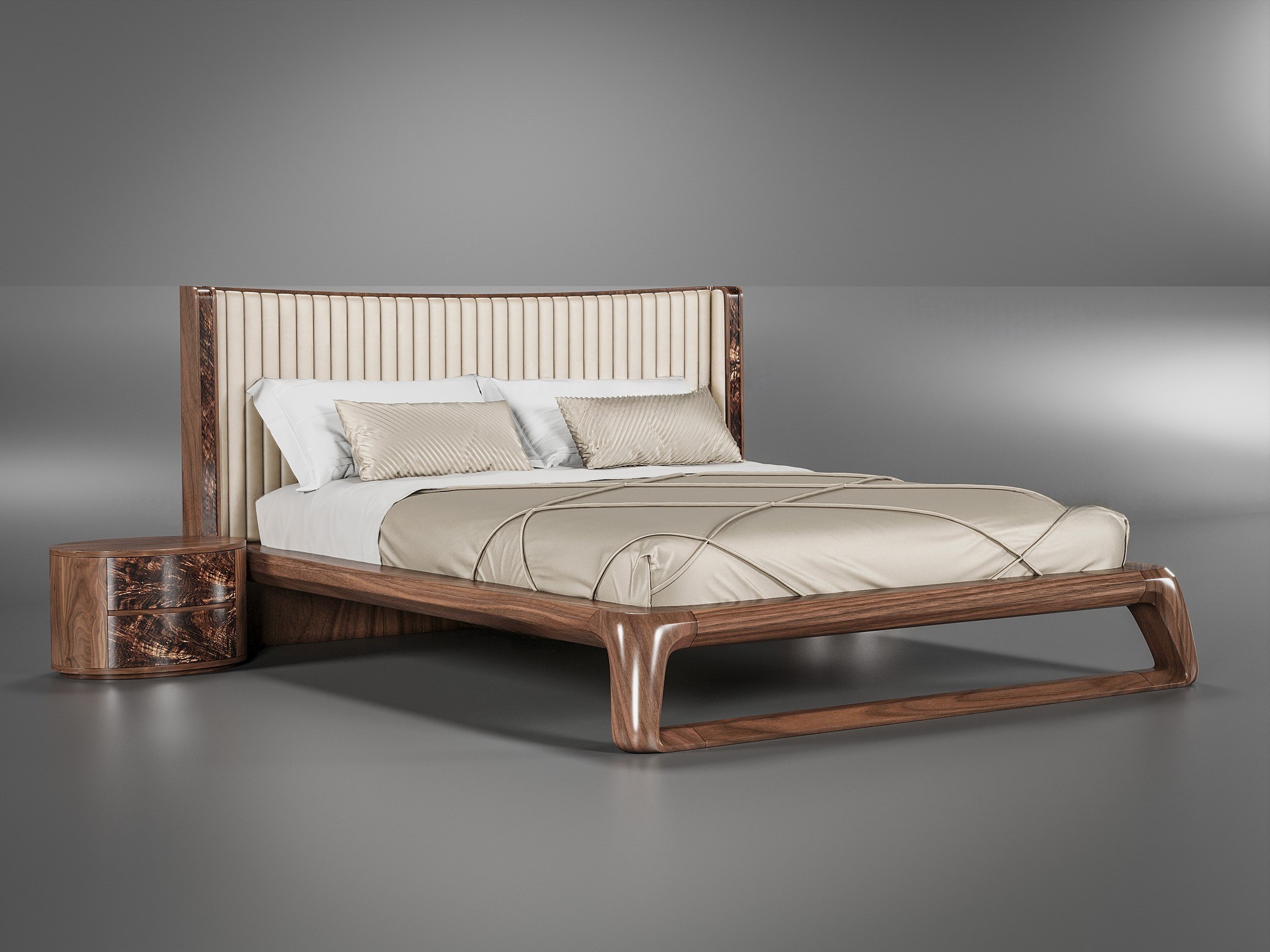 Giường ngủ gỗ óc chó hiện đại màu nâu đậm với tab oval 2 ngăn kéo Giường ngủ gỗ óc chó hiện đại màu nâu đậm với tab oval 2 ngăn kéo