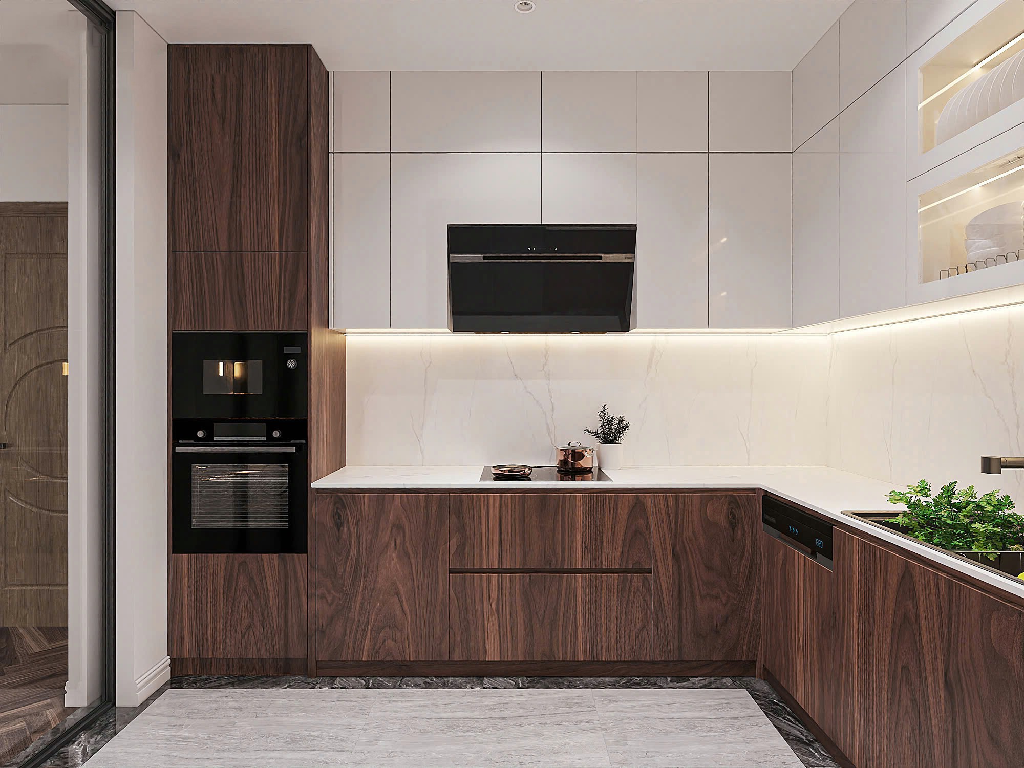 Tủ bếp chữ L chất liệu nhựa picomat phủ acrylic trắng và laminate nâu đen sang trọng Tủ bếp chữ L chất liệu nhựa picomat phủ acrylic trắng và laminate nâu đen sang trọng