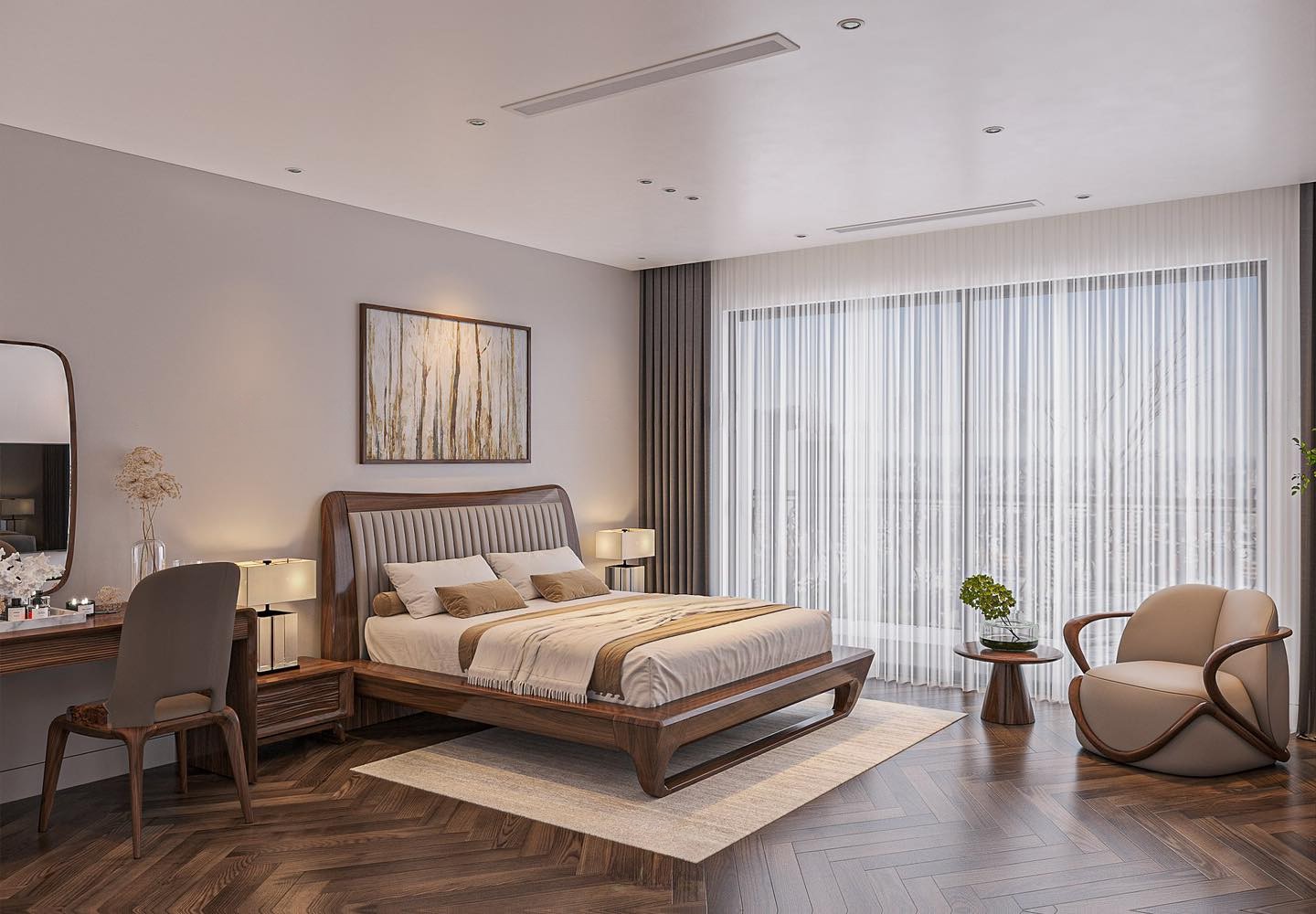 Giường đẹp với thiết kế đơn giản chắc chắn, chân vát và đầu giường bọc da múi