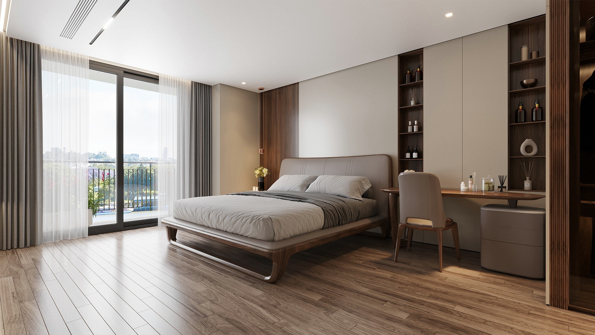 Giường gỗ bọc nệm đầu giường bằng gỗ óc chó tự nhiên sang trọng