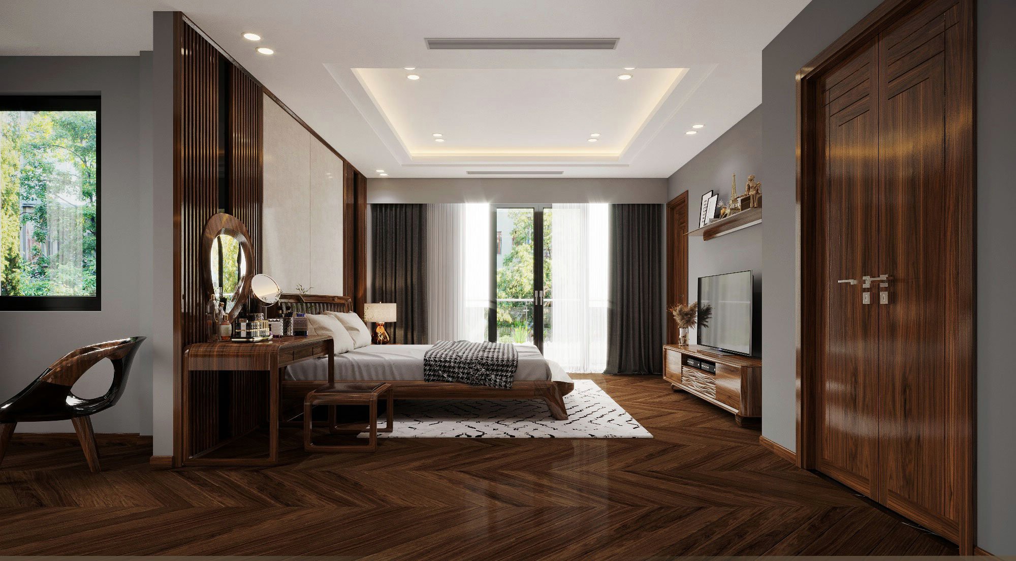 Giường gỗ cưới gỗ óc chó nâu đậm với tựa đầu bọc da nâu đen