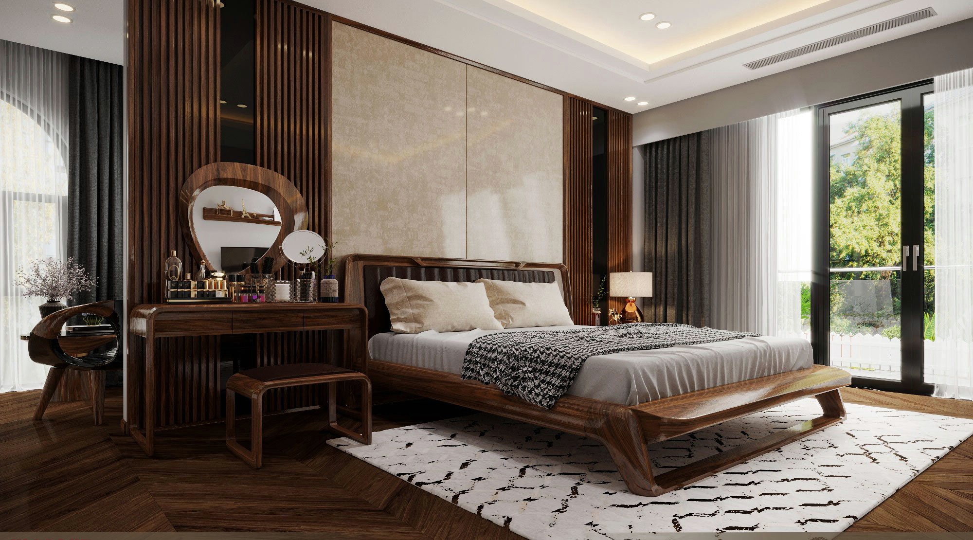 Giường gỗ đẹp – Sự kết hợp giữa tinh tế và tiện nghi Giường gỗ đẹp hiện đại bằng gỗ óc chó phủ bóng 2K