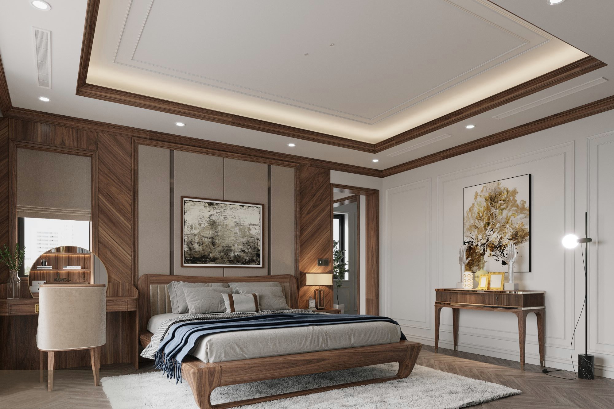 Mẫu giường gỗ đơn giản hiện đại từ gỗ óc chó tự nhiên, tựa lưng bọc nệm ghi nhạt Giường gỗ đơn giản hiện đại với khung gỗ liền khối và chân chữ U