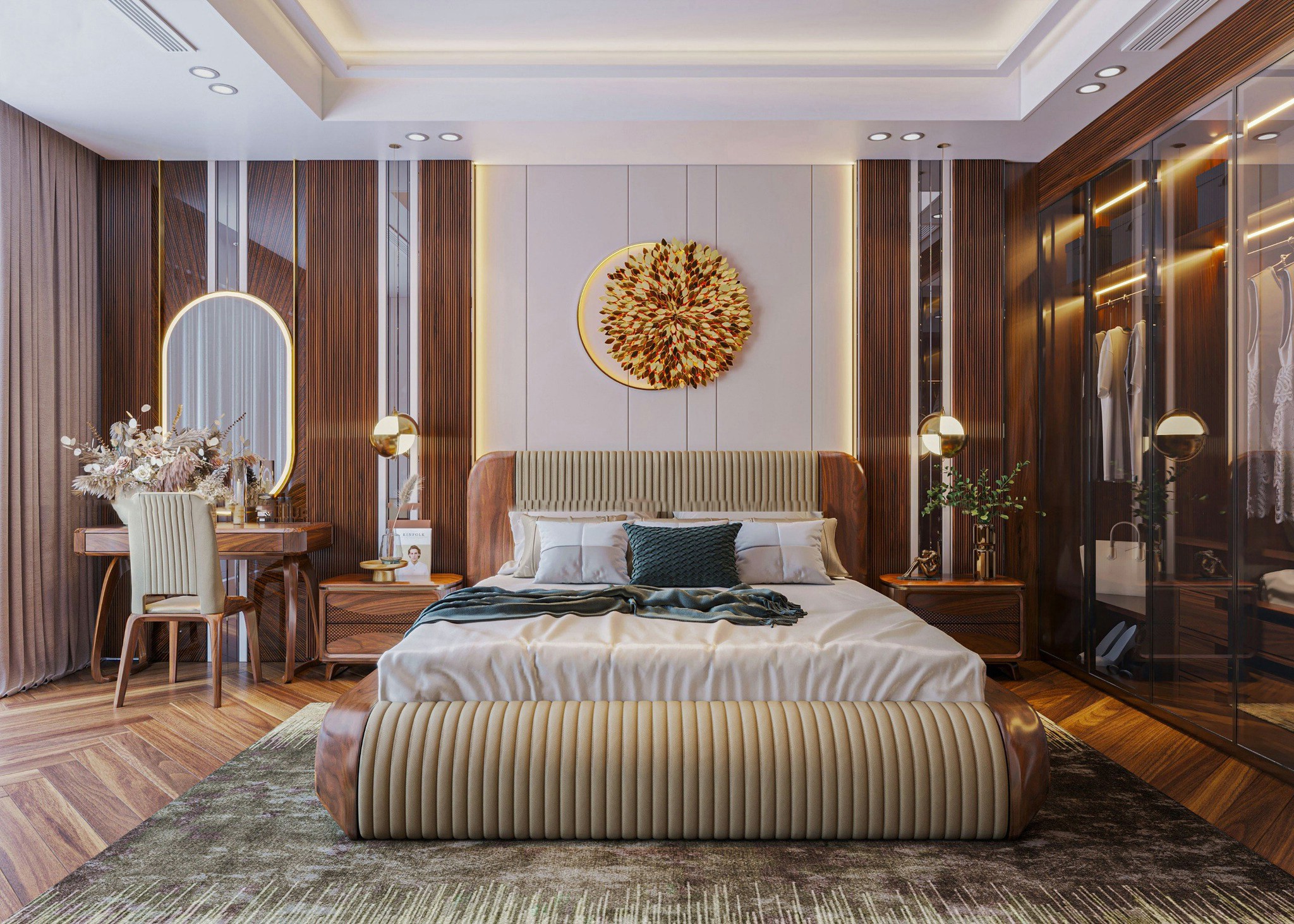 Giường gỗ hiện đại đẹp gỗ xoan đào tựa lưng da nâu và cuối giường bo tròn