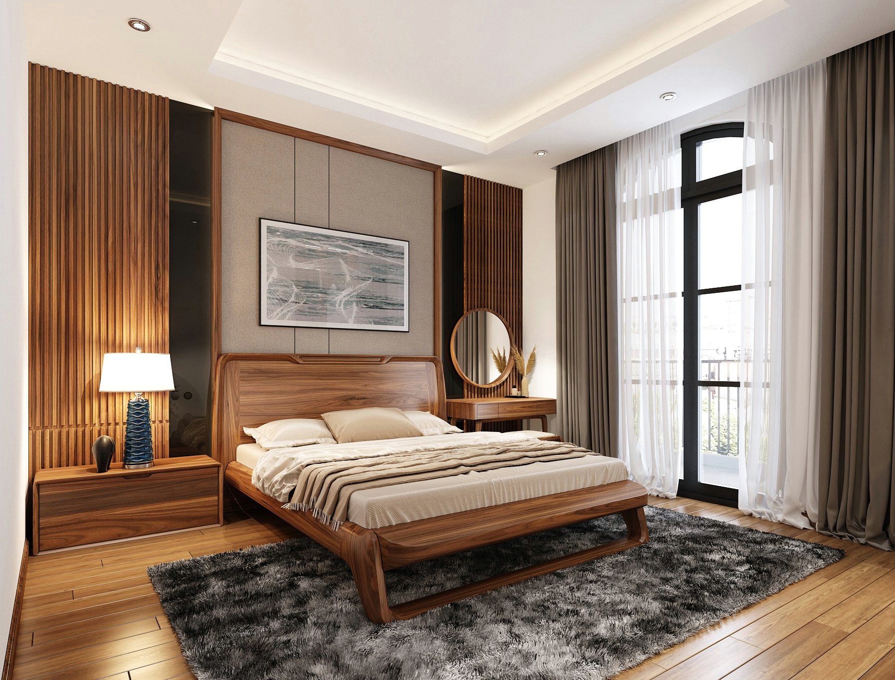 Giường gỗ thịt hiện đại nâu đậm với khung bo tròn và chân chữ U