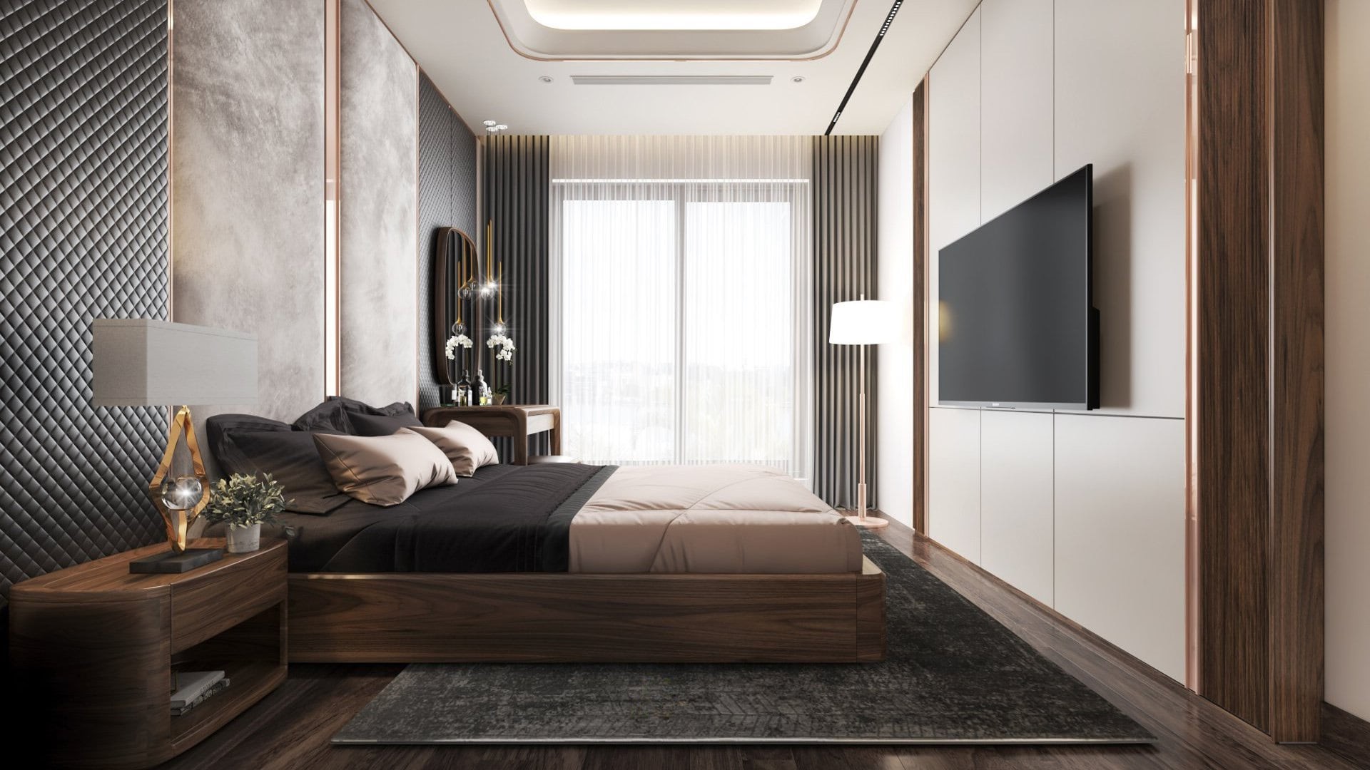 Giường ngủ chung cư hiện đại tối giản với khung gỗ óc chó và vách nệm cao trần Mẫu giường ngủ chung cư dáng bệt bằng gỗ óc chó, tường đầu giường ốp nệm ghi loang cao trần