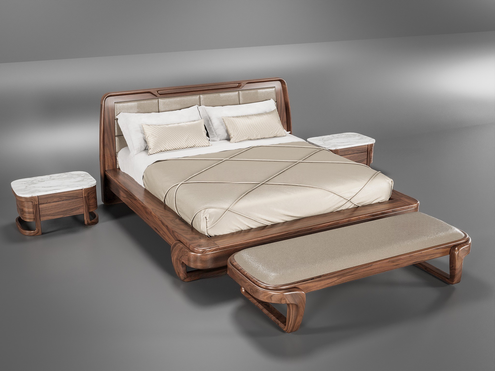 Mẫu giường ngủ đẹp cao cấp – sự kết hợp hoàn hảo giữa gỗ, da và đá Giường ngủ đẹp cao cấp bằng gỗ óc chó với tựa đầu bọc da và tab mặt đá granite