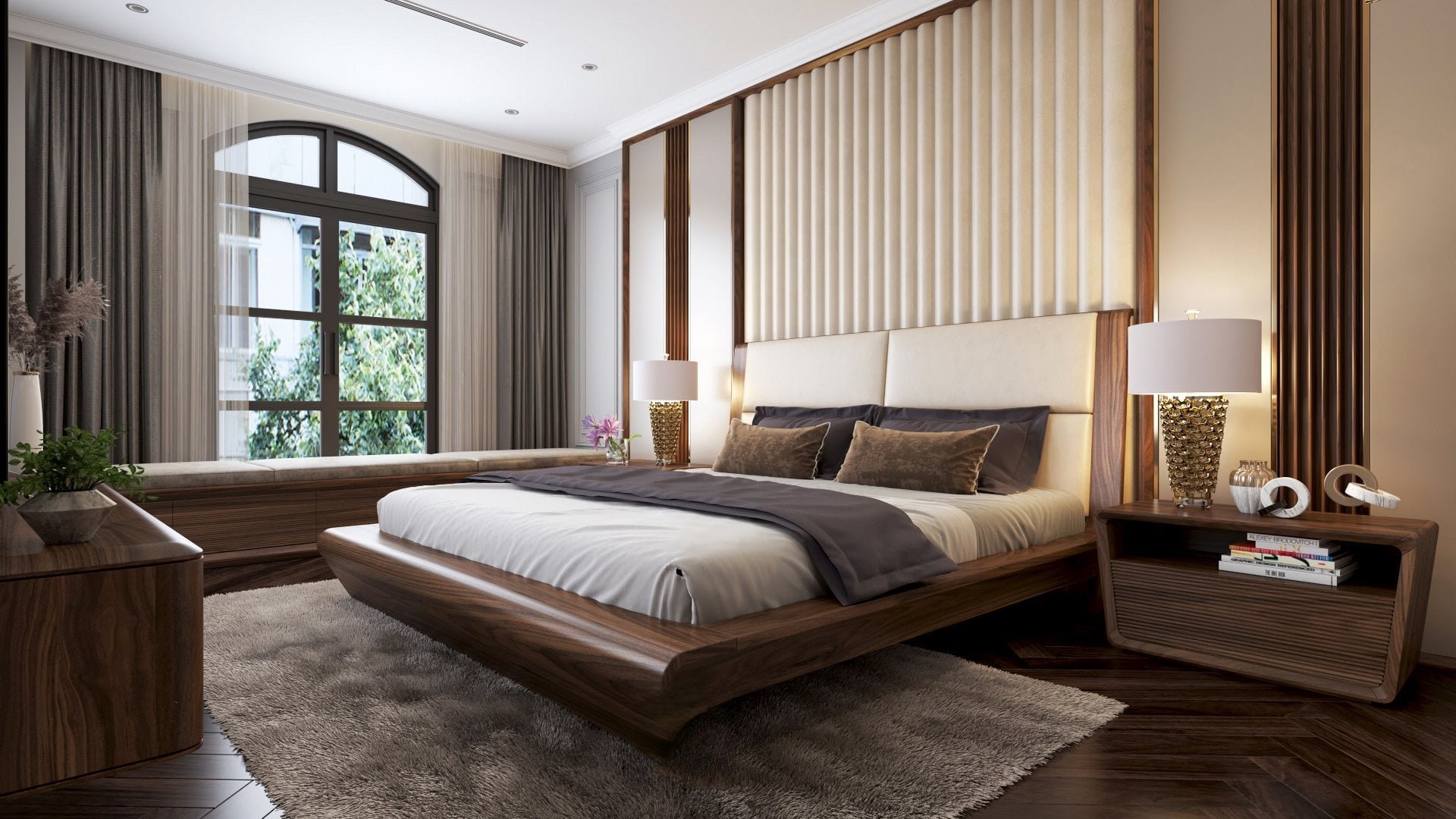 Giường ngủ đẹp – Sự kết hợp hoàn hảo giữa tiện nghi và thẩm mỹ Giường ngủ đẹp hiện đại gỗ óc chó tự nhiên sang trọng
