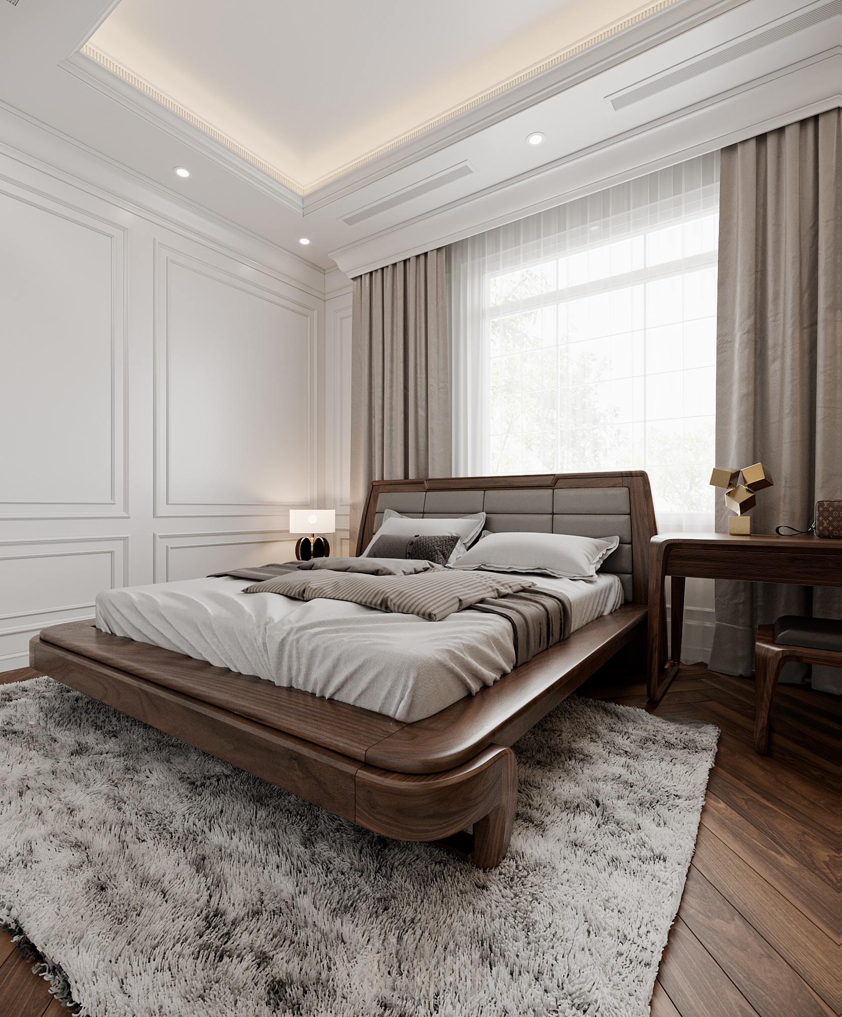 Giường ngủ gỗ óc chó hiện đại màu nâu đen sang trọng