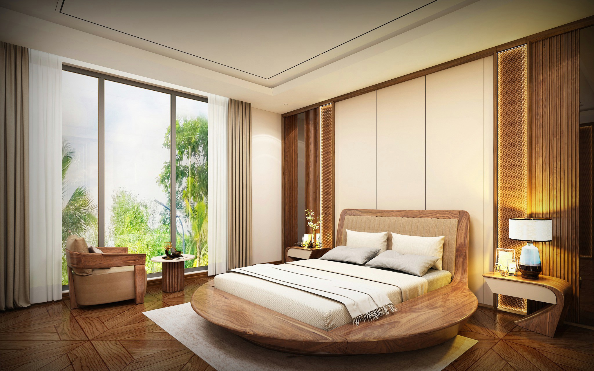 Giường ngủ gỗ tự nhiên cao cấp hình tròn bo cong sang trọng với tựa đầu bọc da Giường ngủ gỗ tự nhiên cao cấp hình tròn bo cong sang trọng với tựa đầu bọc da