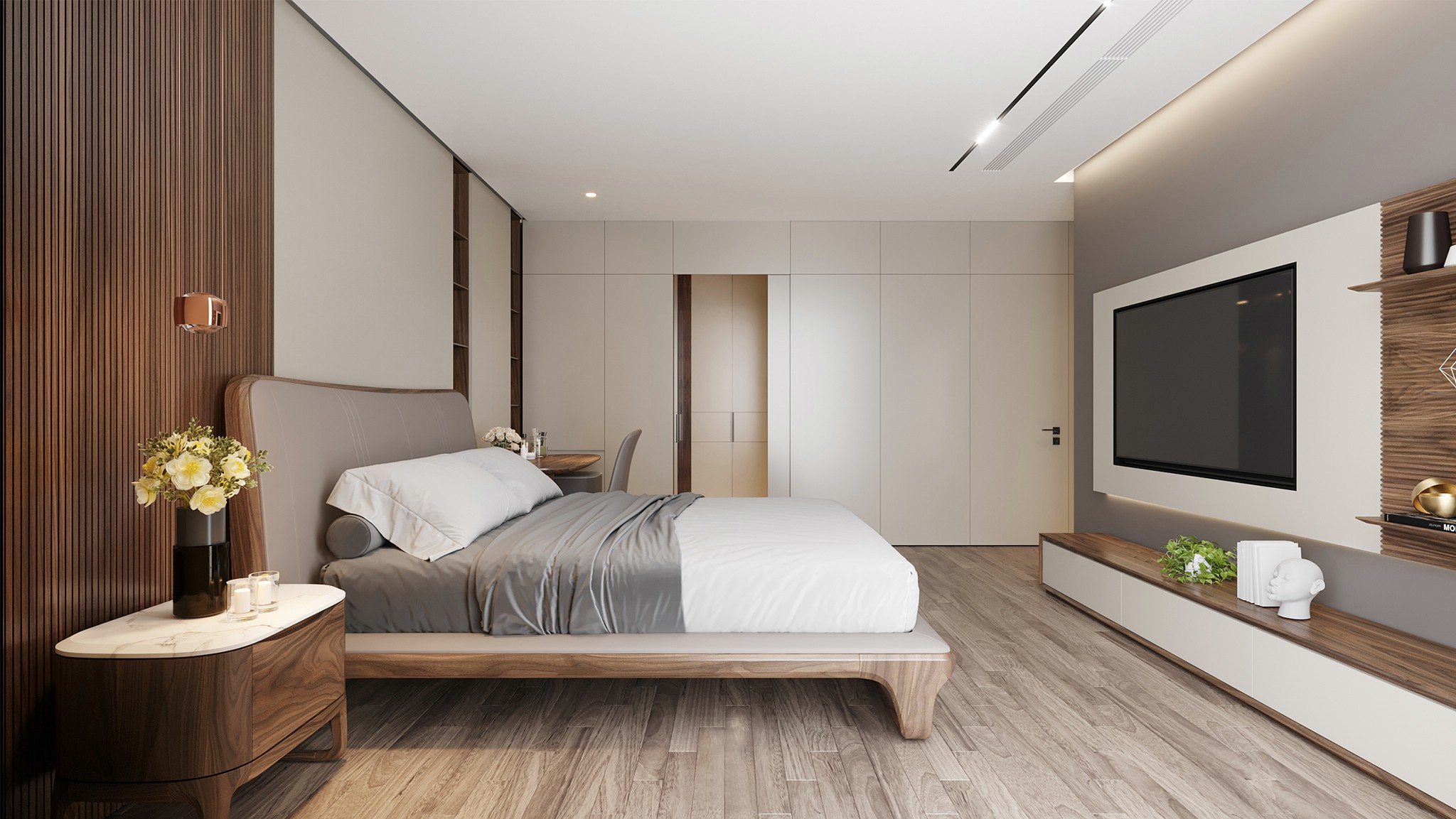 Giường ngủ hiện đại đẹp bọc da nâu be và khung gỗ óc chó