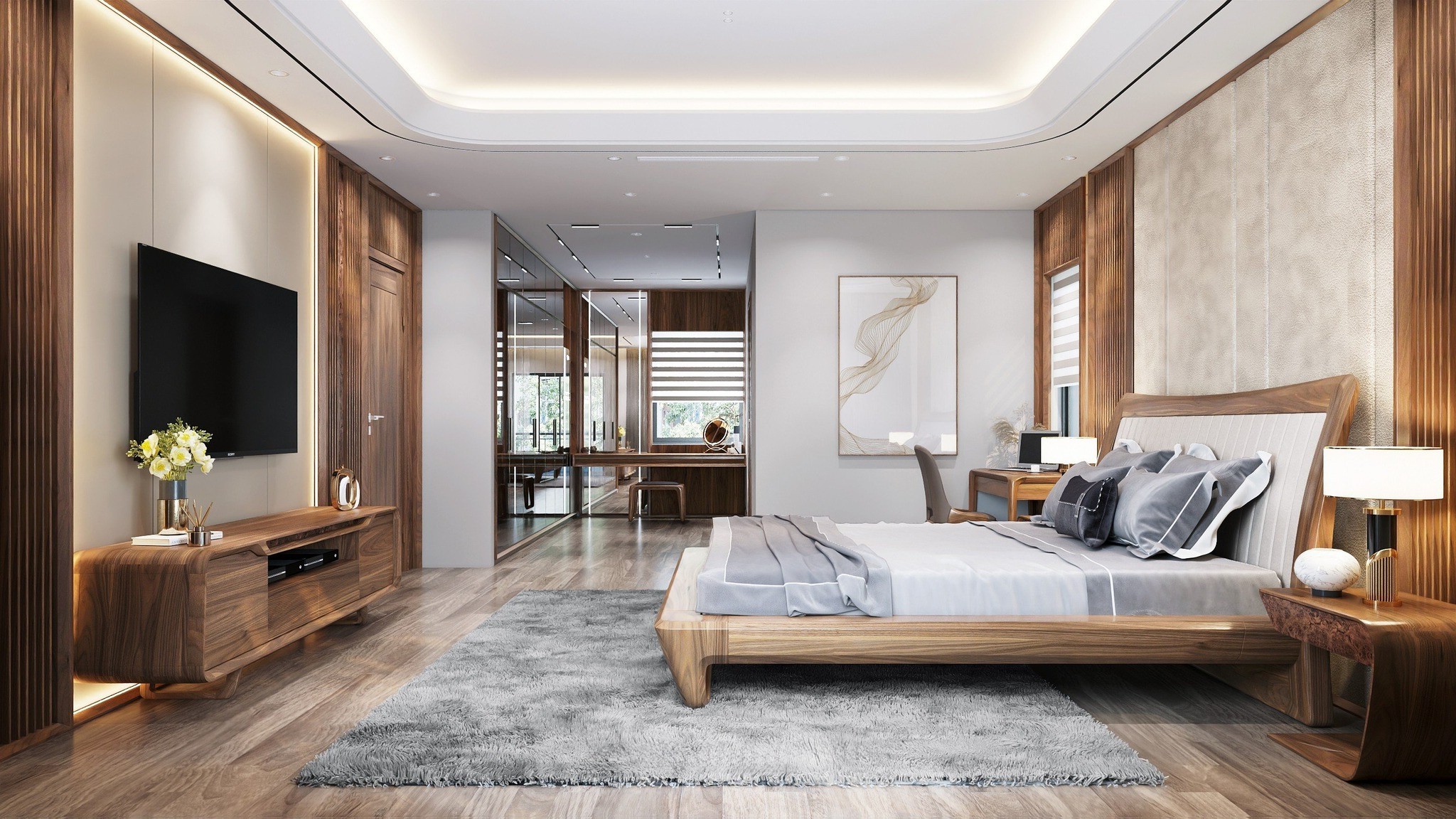 Giường ngủ hiện đại gỗ sồi nâu vàng với tựa đầu cong bọc da trắng