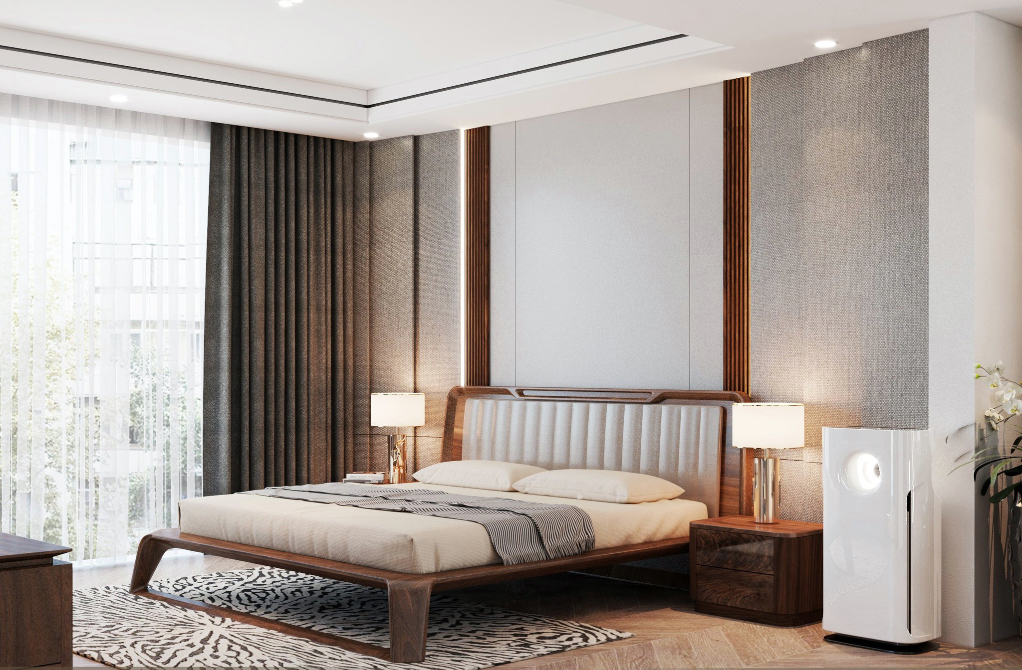 Giường ngủ phong cách hiện đại bằng gỗ tự nhiên nâu đậm, tựa da trắng bạc Giường ngủ phong cách hiện đại bằng gỗ tự nhiên nâu đậm, tựa da trắng bạc