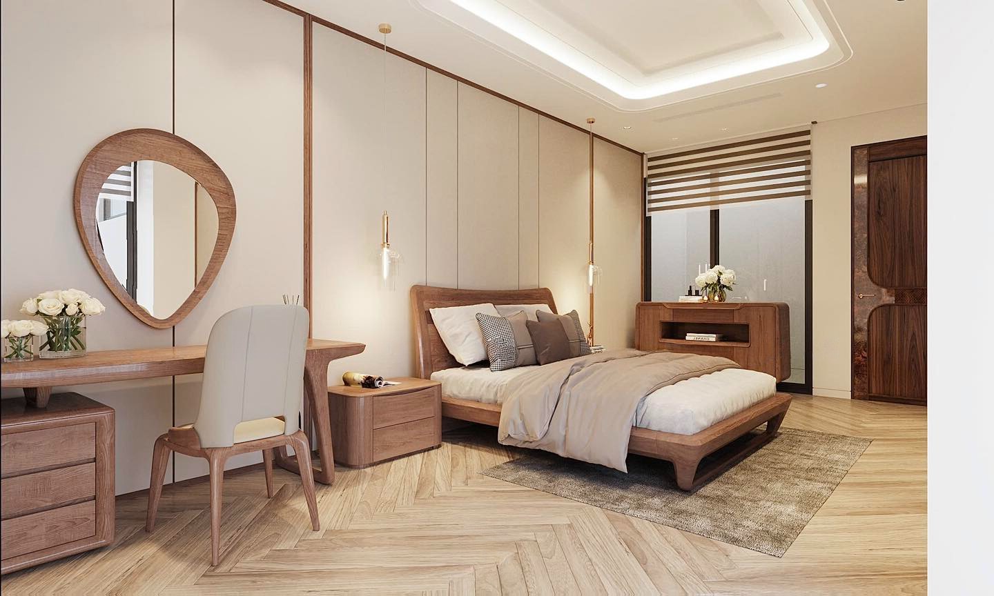 Giường ngủ phòng master gỗ sồi nâu nhạt tự nhiên, dáng thấp và tựa cong nhẹ Giường ngủ phòng master gỗ sồi nâu nhạt tự nhiên, dáng thấp và tựa cong nhẹ