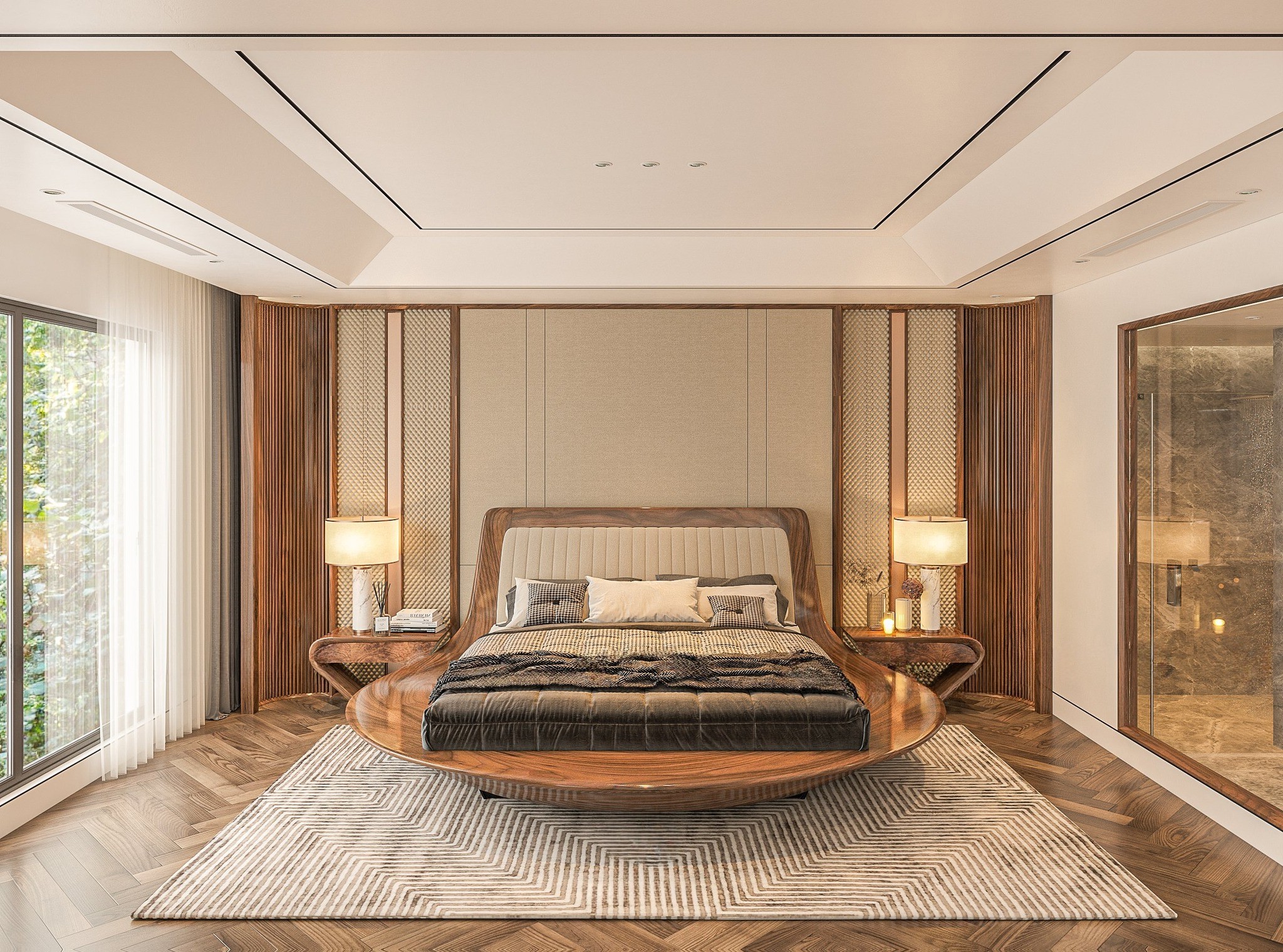 Mẫu giường ngủ tròn gỗ tự nhiên với nệm bọc da trắng kem kẻ sọc dọc sang trọng