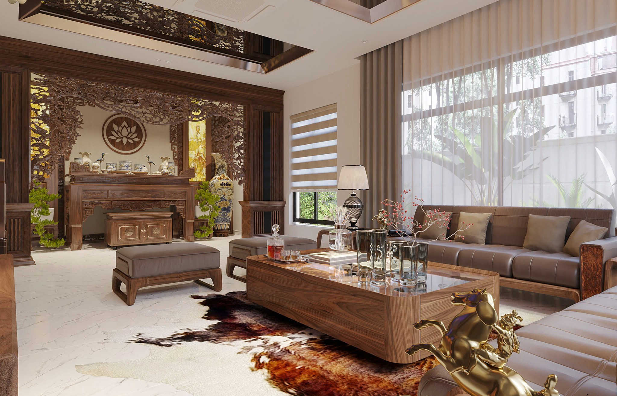 Gỗ óc chó làm bàn thờ trang nghiêm, sang trọng