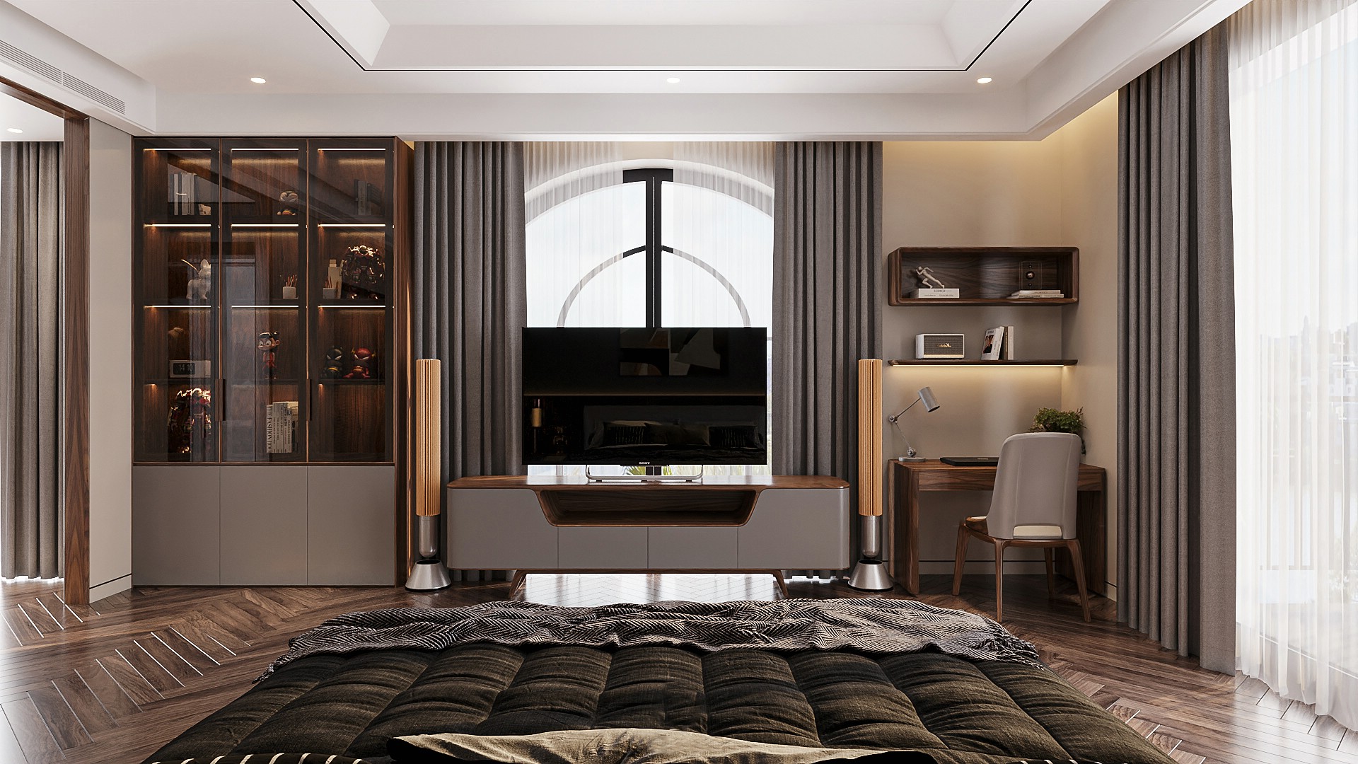 Mẫu kệ tivi bằng gỗ đơn giản với mặt cánh acrylic màu ghi đậm Mẫu kệ tivi bằng gỗ đơn giản với mặt cánh acrylic màu ghi đậm
