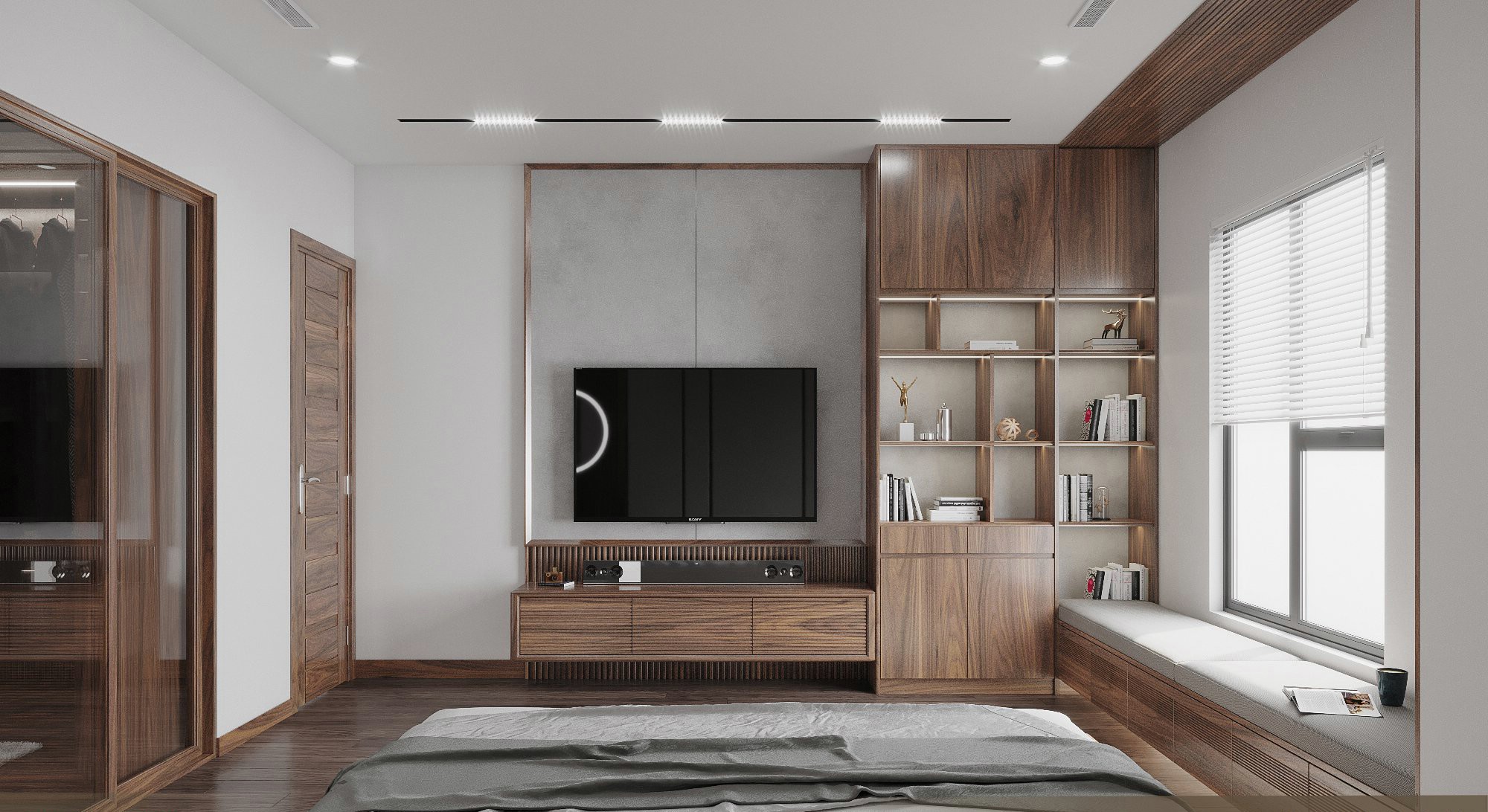 Kệ tivi căn hộ chung cư hiện đại bằng gỗ óc chó hoặc gỗ sồi treo tường với mặt cánh CNC kẻ sọc ngang Kệ tivi căn hộ chung cư hiện đại bằng gỗ óc chó hoặc gỗ sồi treo tường với mặt cánh CNC kẻ sọc ngang