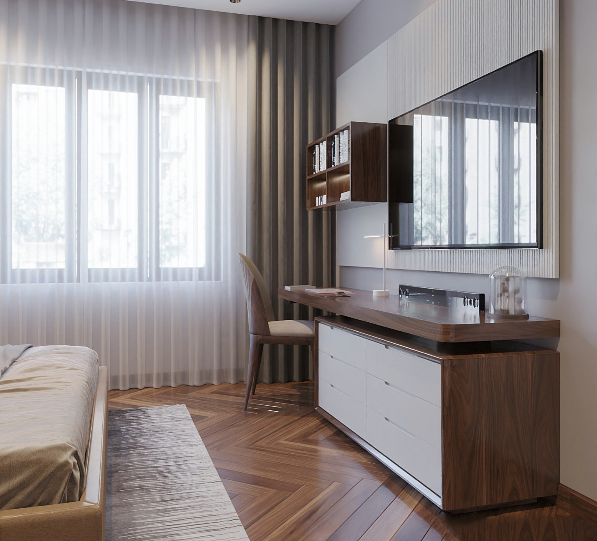 Kệ tivi cho chung cư hiện đại kết hợp bàn làm việc bằng gỗ óc chó