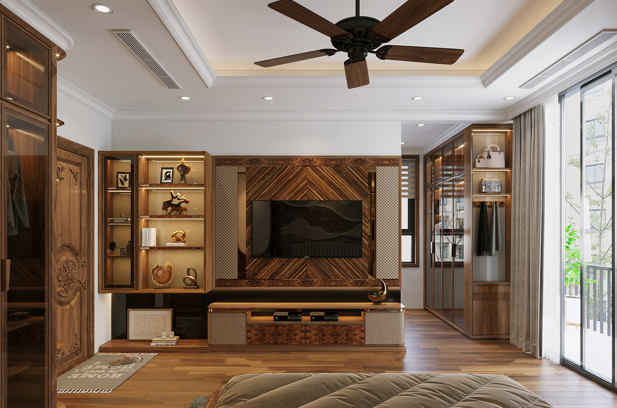 Kệ tivi đẹp gỗ tự nhiên với tường ốp veneer vân xương cá và kệ trang trí mạ vàng Kệ tivi đẹp gỗ tự nhiên với tường ốp veneer vân xương cá và kệ trang trí mạ vàng