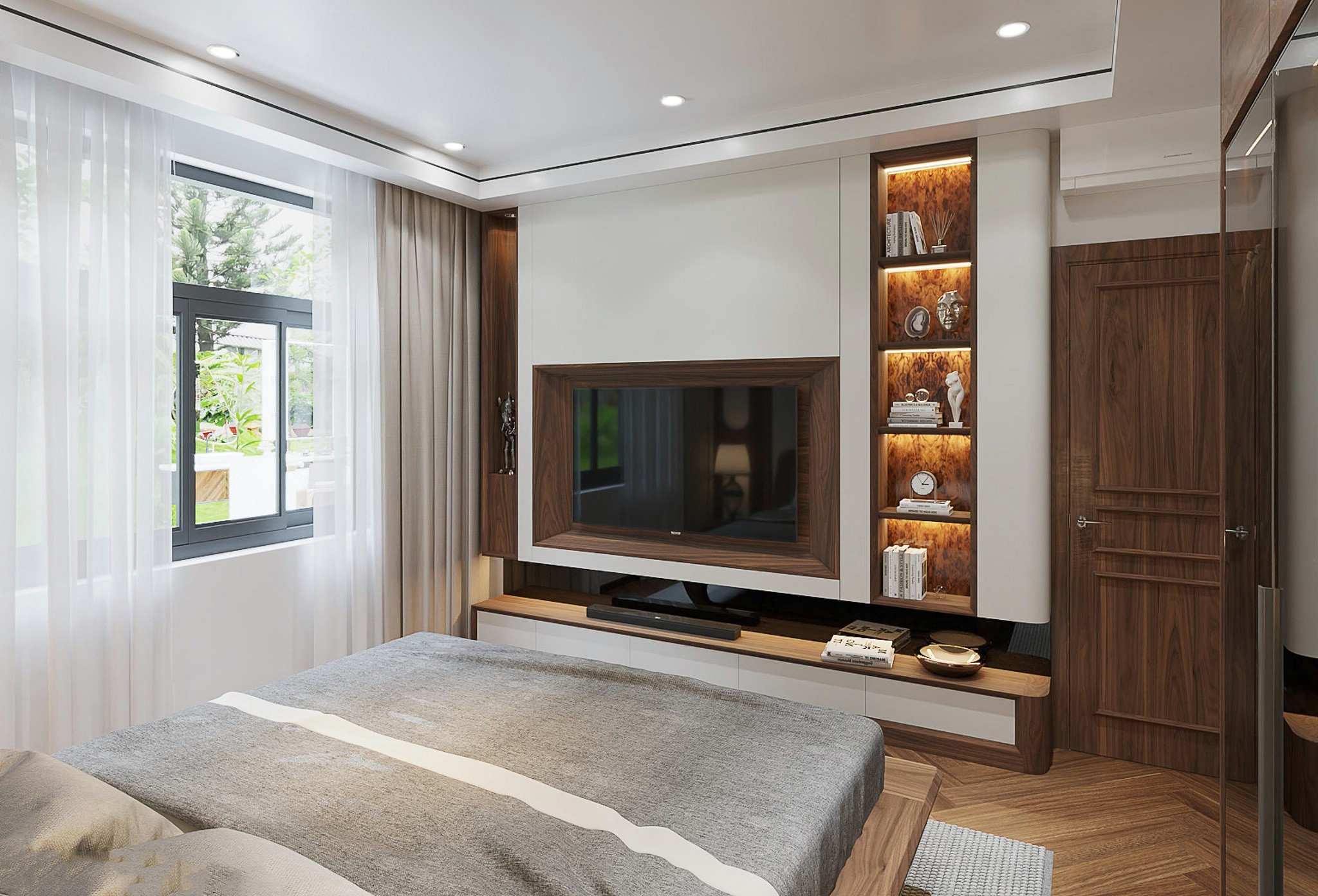 Kệ tivi đẹp hiện đại với vách ốp laminate trắng, tivi treo âm vách và kệ trang trí veneer nu 5 tầng có đèn led Kệ tivi đẹp hiện đại với vách ốp laminate trắng, tivi treo âm vách và kệ trang trí veneer nu 5 tầng có đèn led