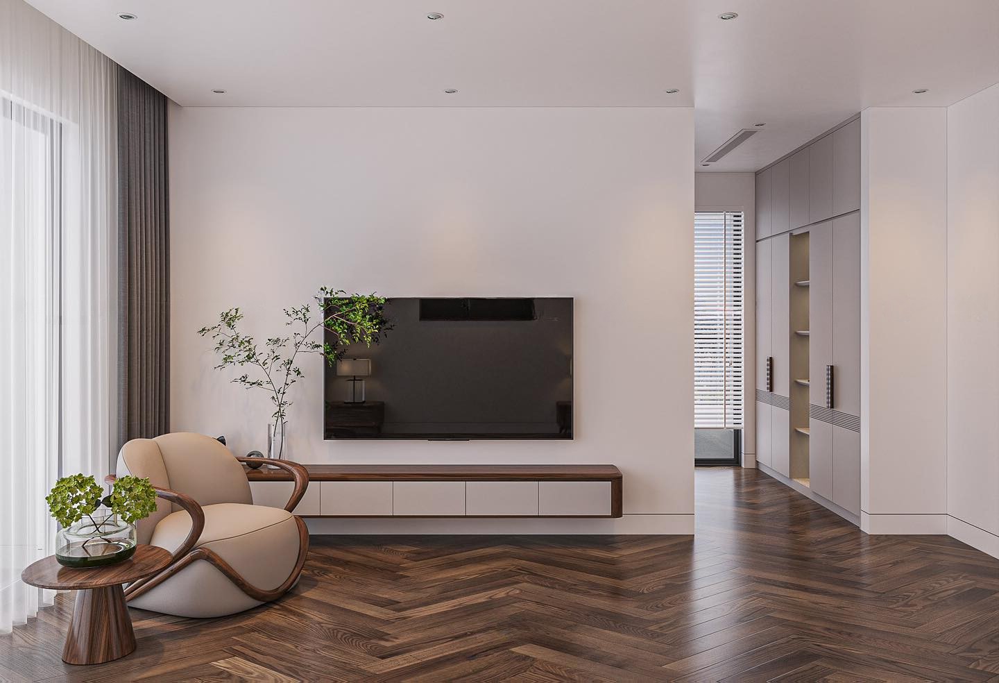 Kệ tivi đơn giản mà đẹp treo tường phong cách minimalist phối màu trắng và nâu gỗ Kệ tivi đơn giản mà đẹp treo tường phong cách minimalist phối màu trắng và nâu gỗ