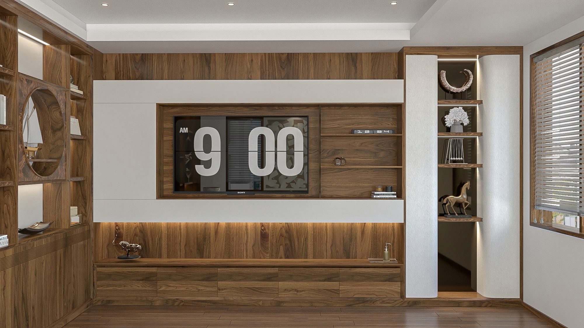 Kệ tivi đơn giản bằng gỗ óc chó với 5 ngăn kéo và thanh kệ treo tường Kệ tivi đơn giản bằng gỗ óc chó với 5 ngăn kéo và thanh kệ treo tường