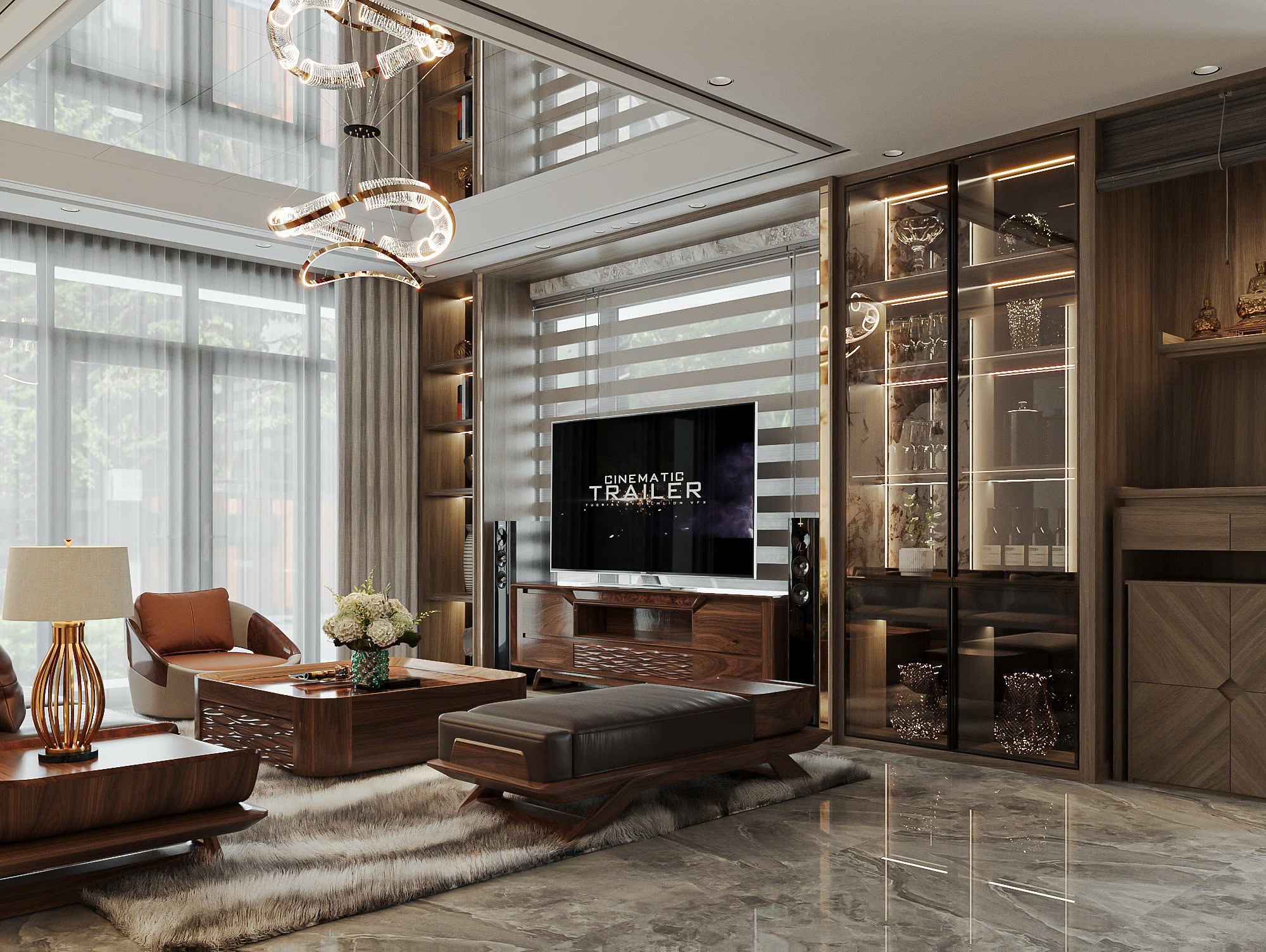 Kệ tivi sang trọng hiện đại bằng gỗ óc chó với thiết kế chữ I dáng thấp