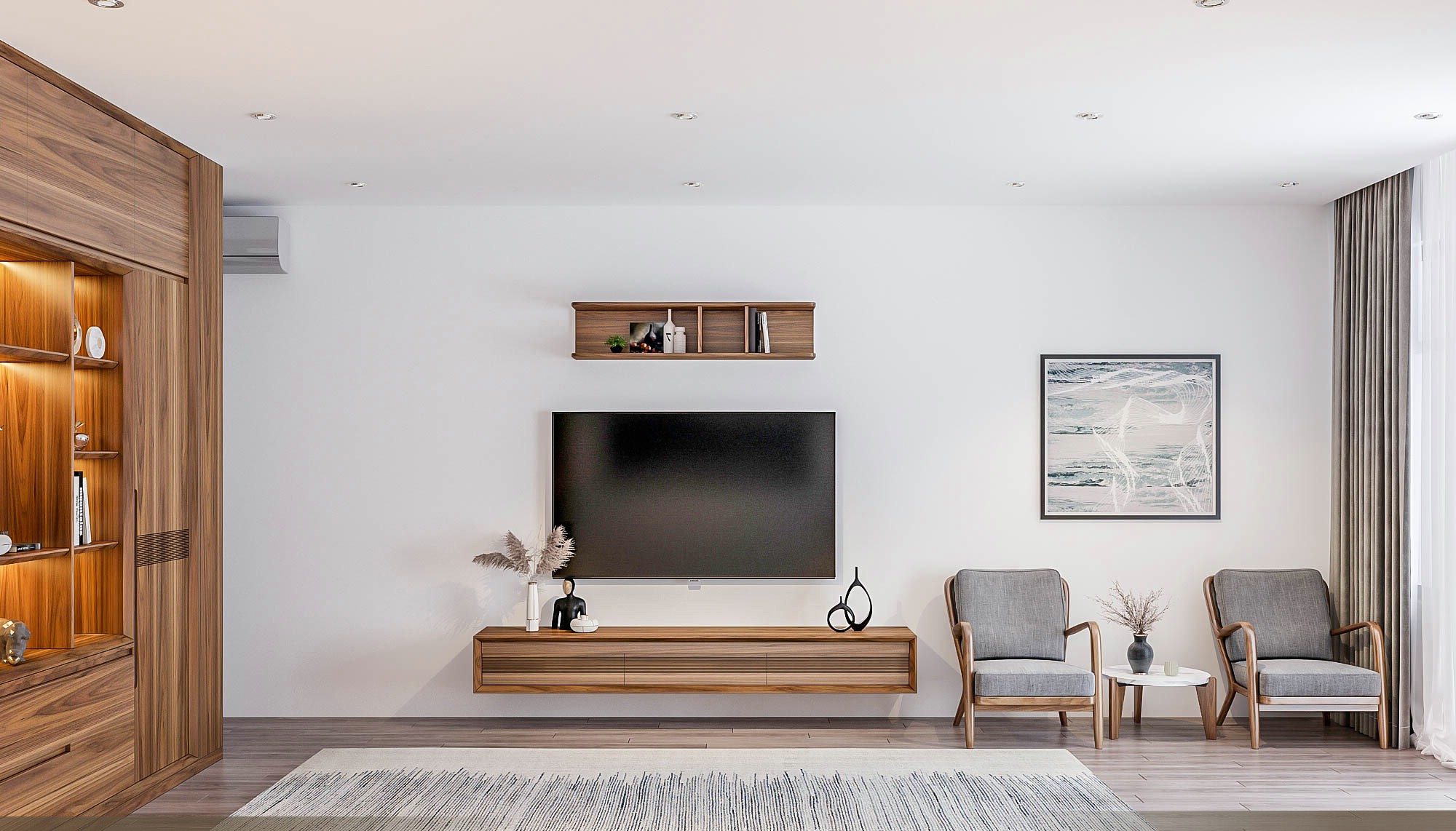 Kệ tivi treo tường hiện đại gỗ sồi nâu 3 ngăn kéo CNC